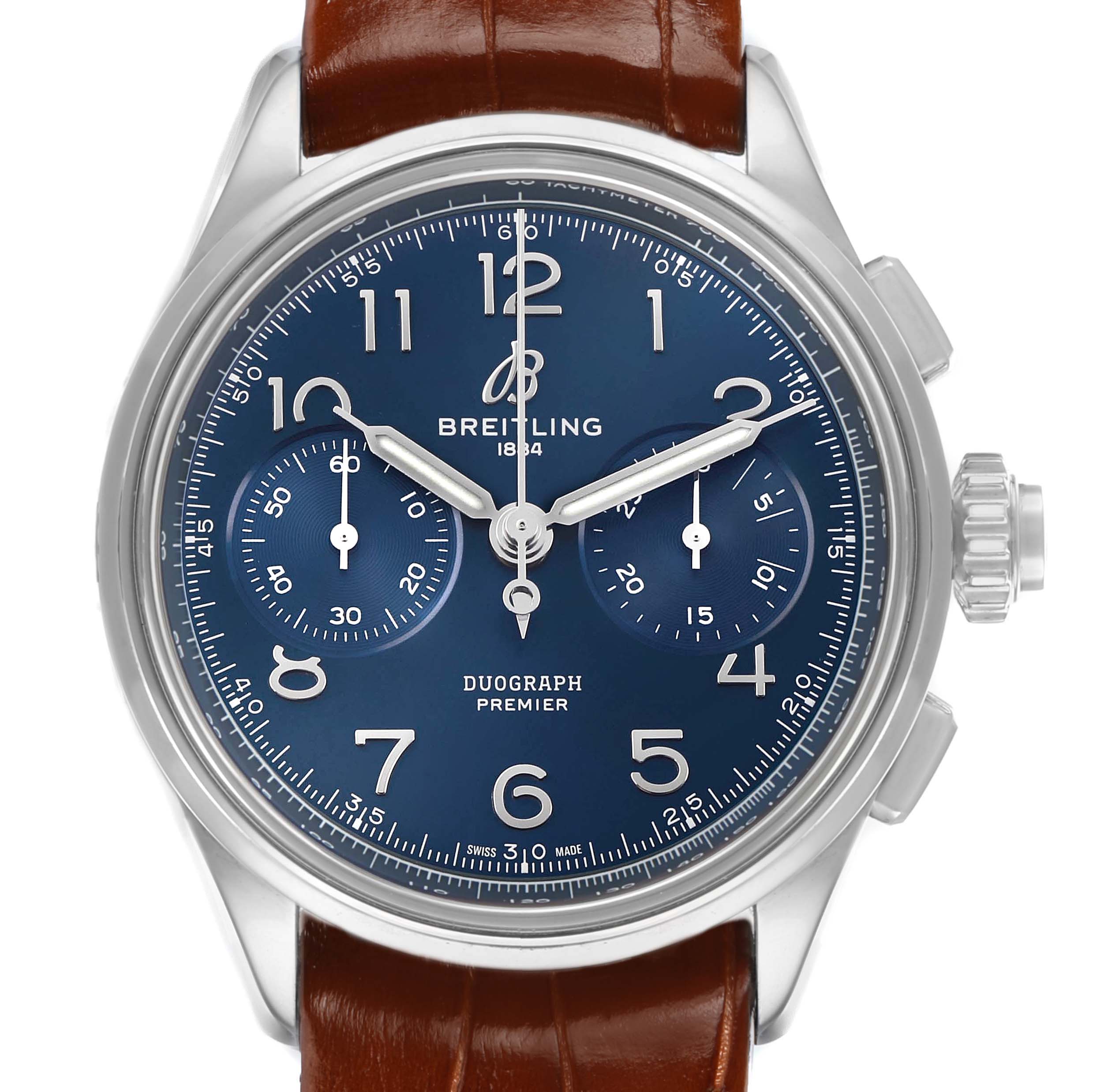 The Breitling Premier AB1510 Men's Stainless Steel Blue Dial watch is shown from the front, displaying its blue dial, subdials, and brown leather strap.