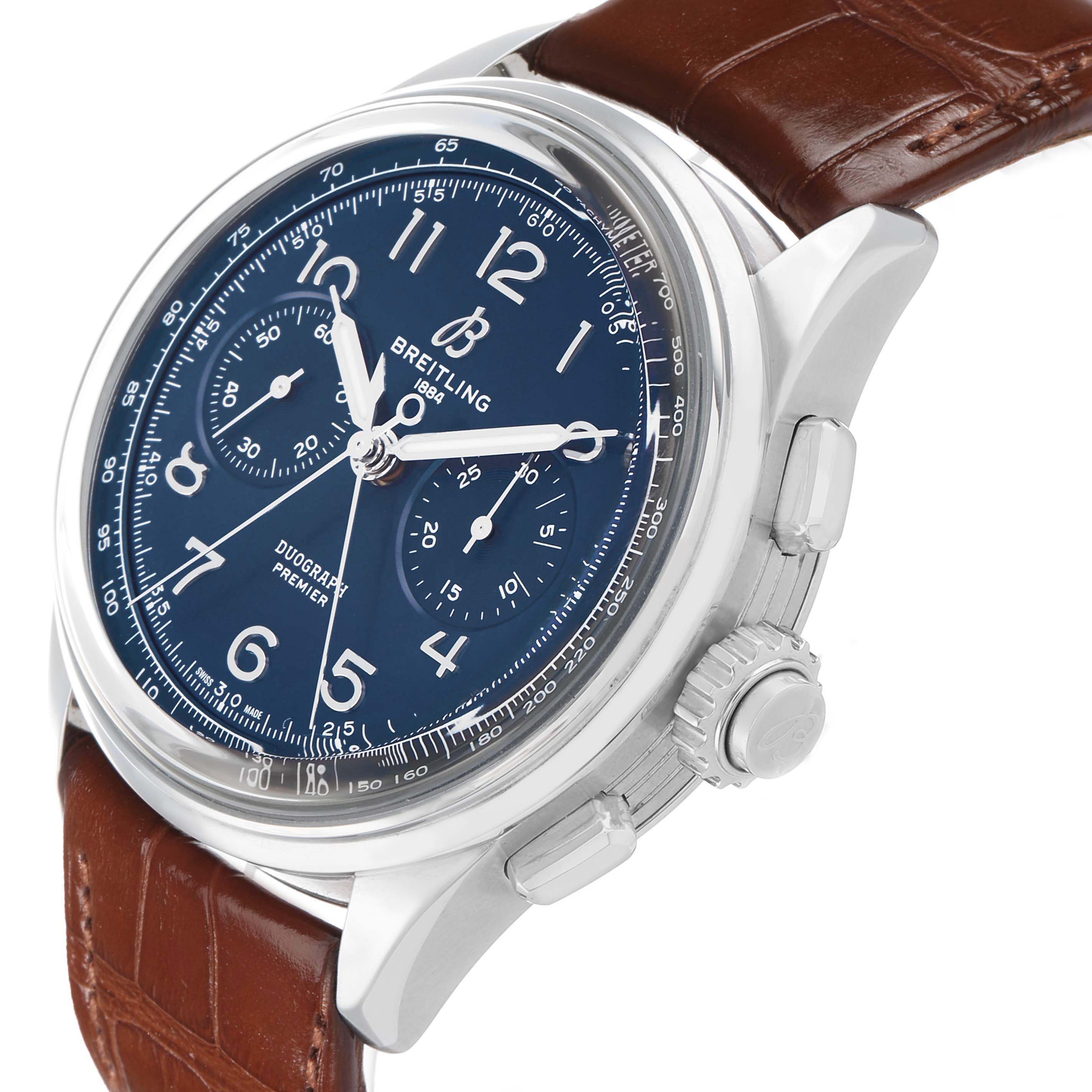 The Breitling Premier AB1510 Men's Stainless Steel Blue Dial watch is angled to show its face, side casing, crown, pushers, and brown leather strap.
