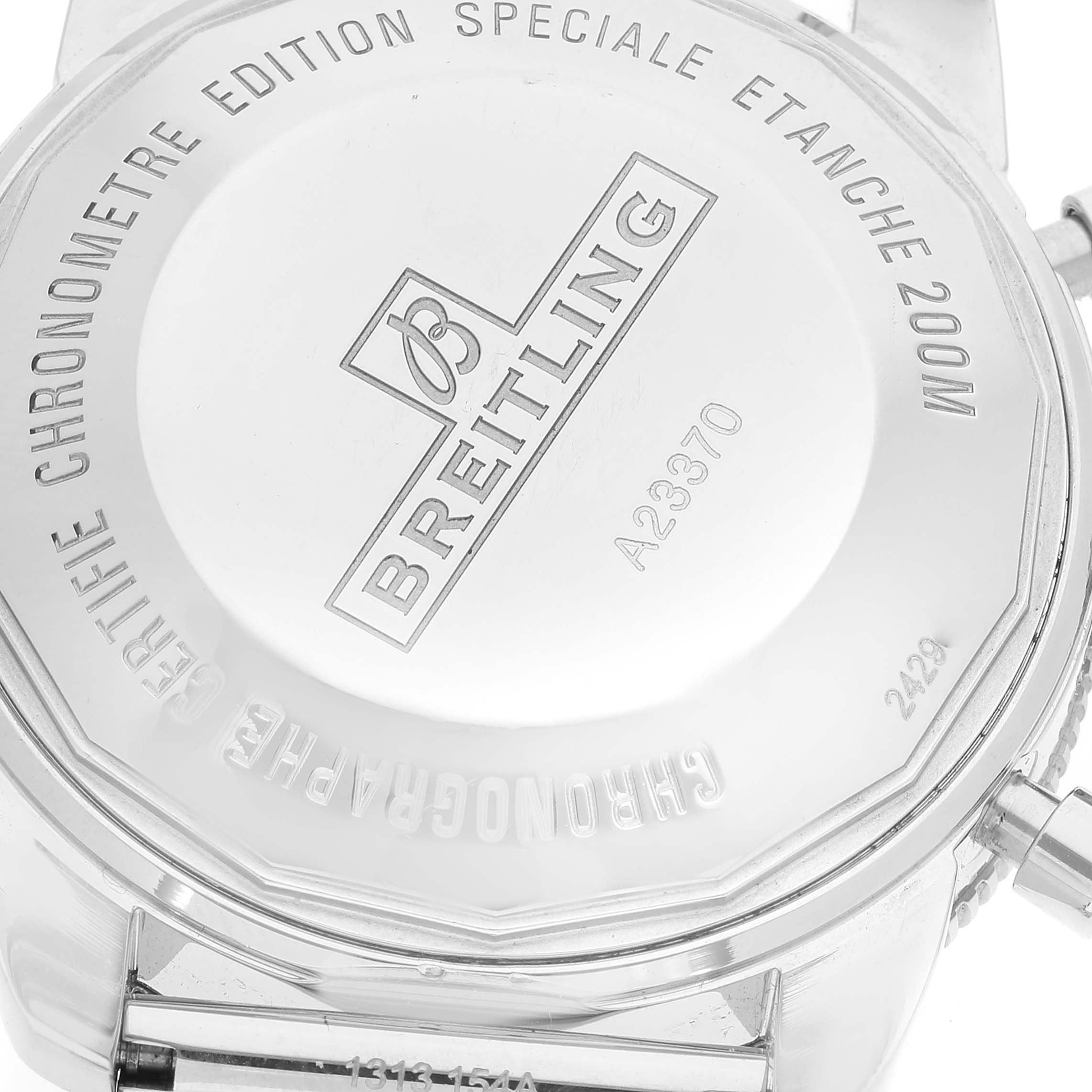 This image shows the back case of a Breitling Superocean A23370 Men
s Stainless Steel Silver Dial A23370 Men
s Stainless Steel Silver Dial watch from a top-down angle.