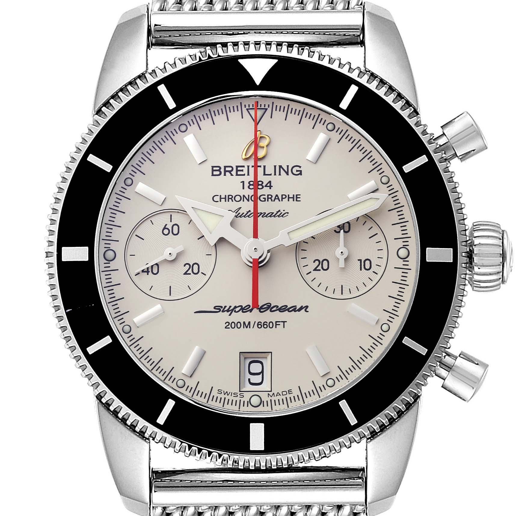The image shows a front view of the Breitling Superocean A23370 Men
s Stainless Steel Silver Dial A23370 Men
s Stainless Steel Silver Dial Chronographe watch, highlighting its face, bezel, and bracelet.