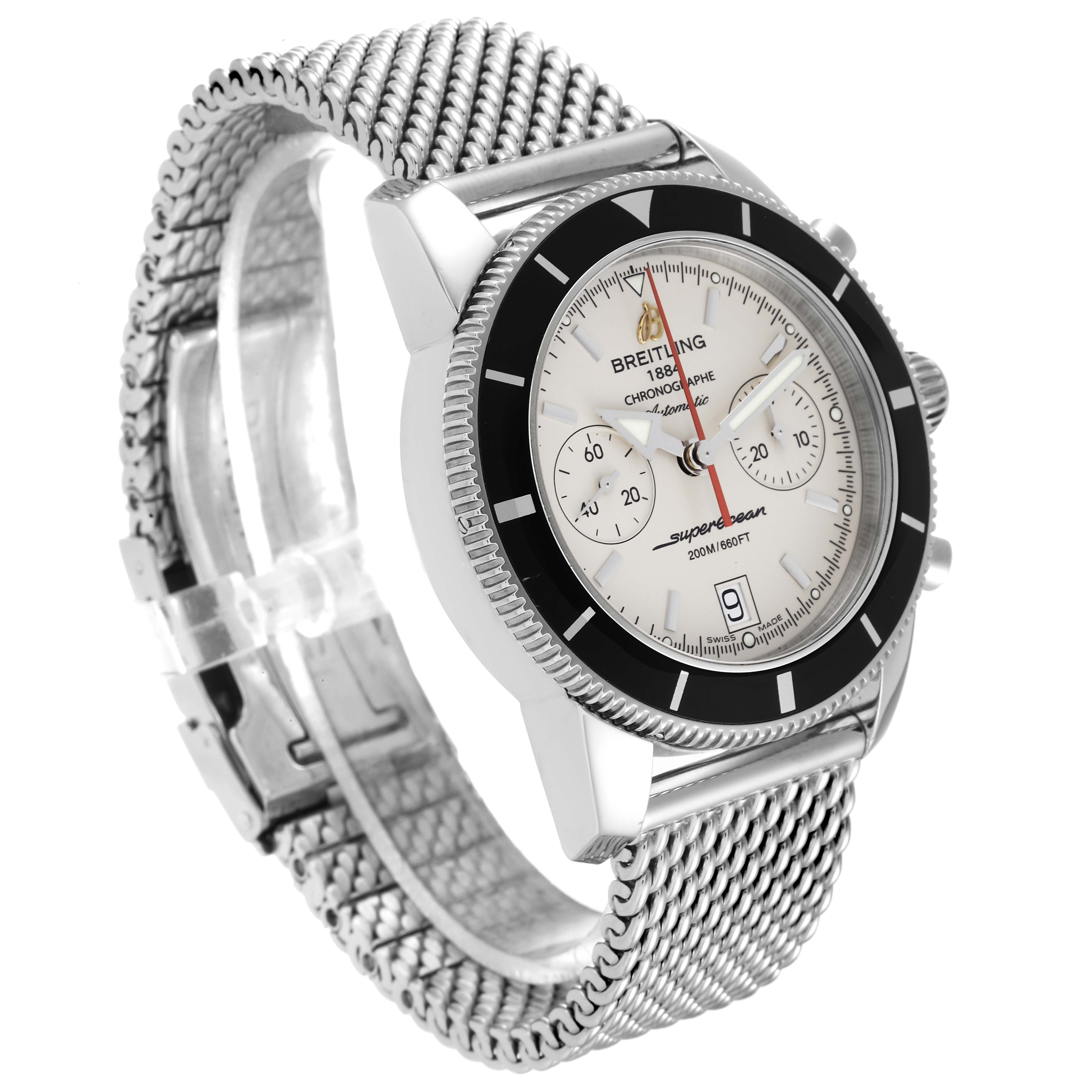 The Breitling Superocean A23370 Men
s Stainless Steel Silver Dial A23370 Men
s Stainless Steel Silver Dial watch is shown at a three-quarter angle, highlighting its face, bezel, and metal mesh bracelet.