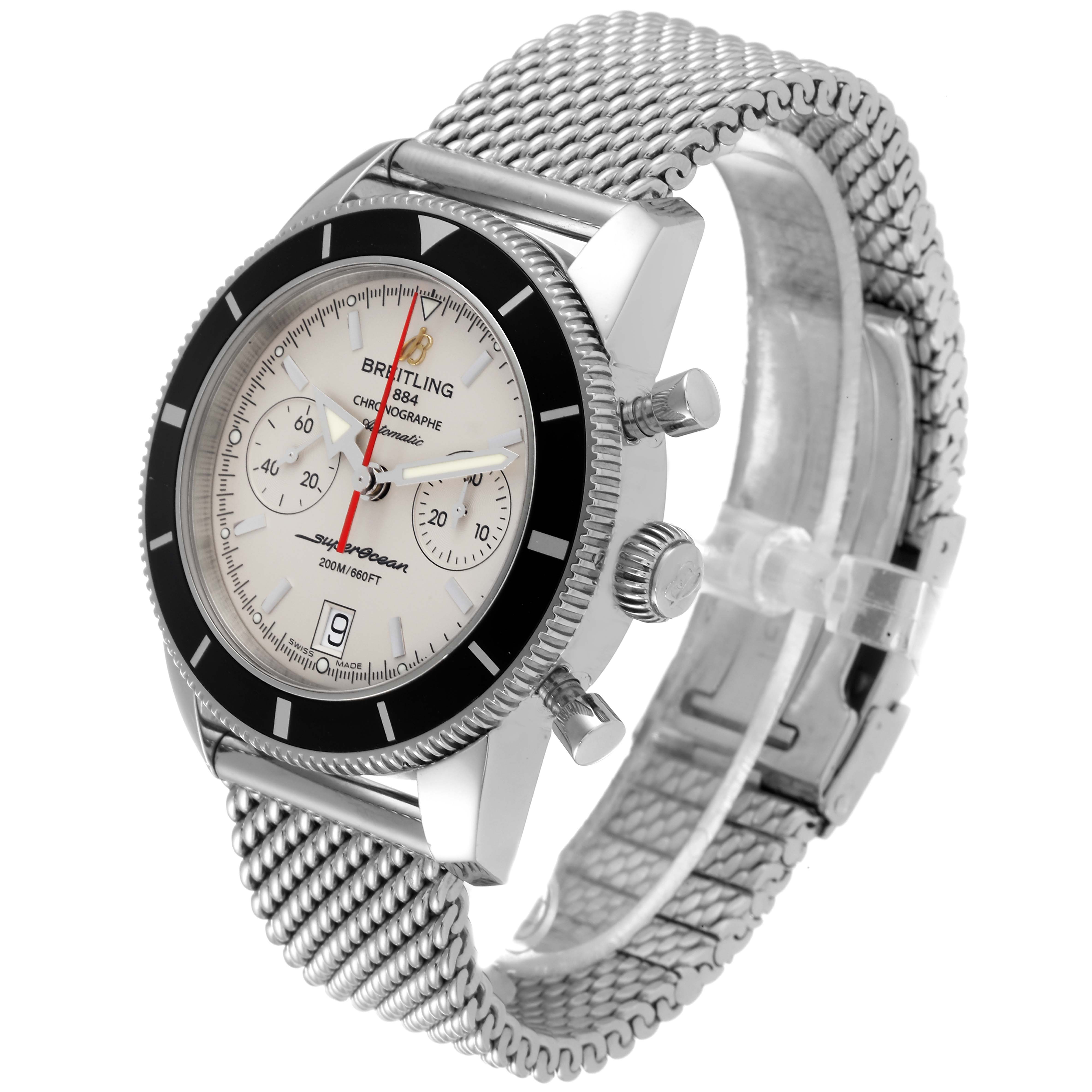 The image shows a Breitling Superocean A23370 Men
s Stainless Steel Silver Dial A23370 Men
s Stainless Steel Silver Dial watch at a three-quarter angle, highlighting its mesh band, dial, and crown.