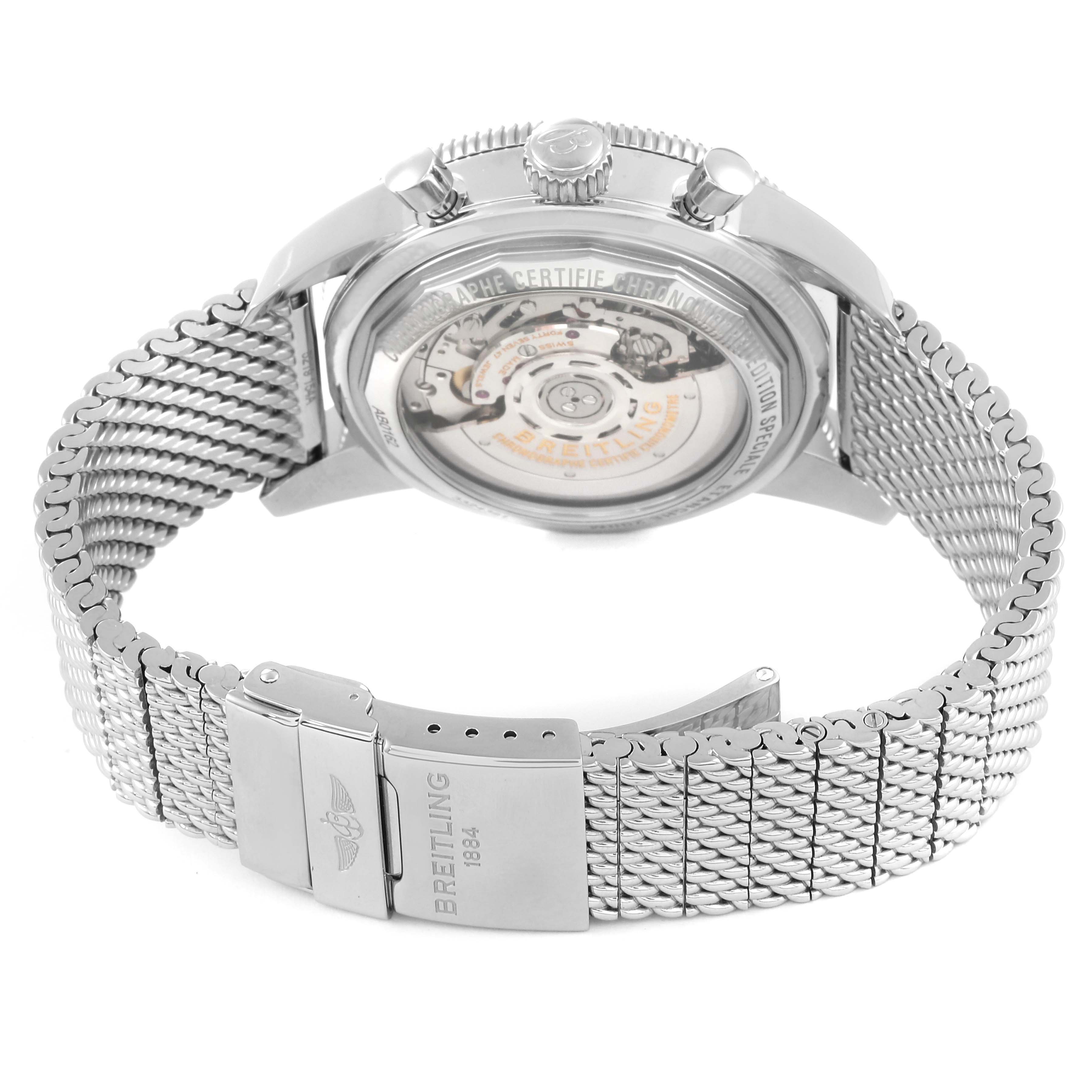 The image shows the back view of the Breitling Superocean AB0162 Men's Stainless Steel Silver Dial AB0162 Men's Stainless Steel Silver Dial watch, highlighting its stainless steel mesh bracelet and mechanical movement.
