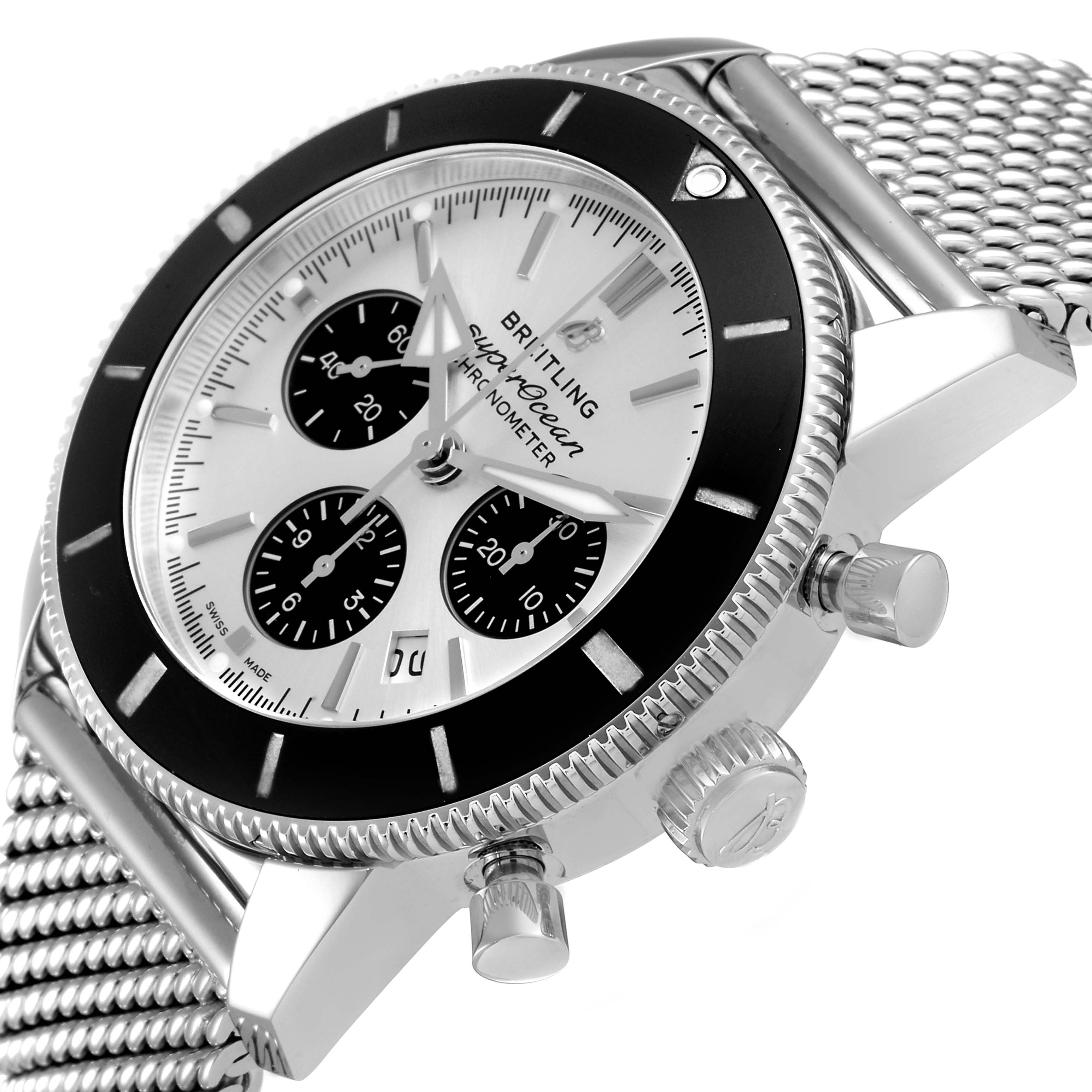 The Breitling Superocean AB0162 Men's Stainless Steel Silver Dial AB0162 Men's Stainless Steel Silver Dial watch is shown at a slight angle, displaying the dial, bezel, crown, pushers, and bracelet.