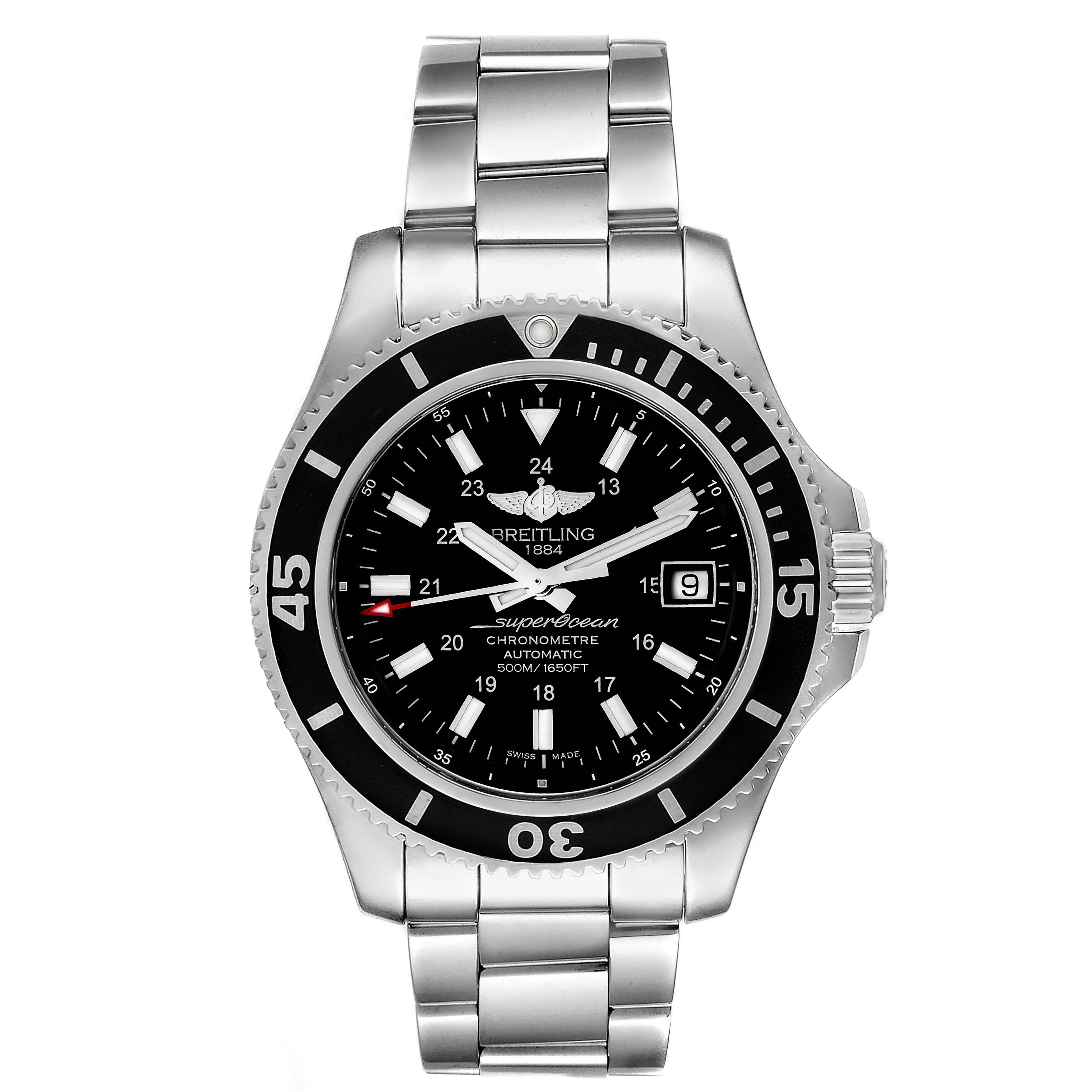 This image shows a front view of the Breitling Superocean A17365 Men's Stainless Steel Black Dial A17365 Men's Stainless Steel Black Dial watch displaying its dial, bezel, and metal bracelet.