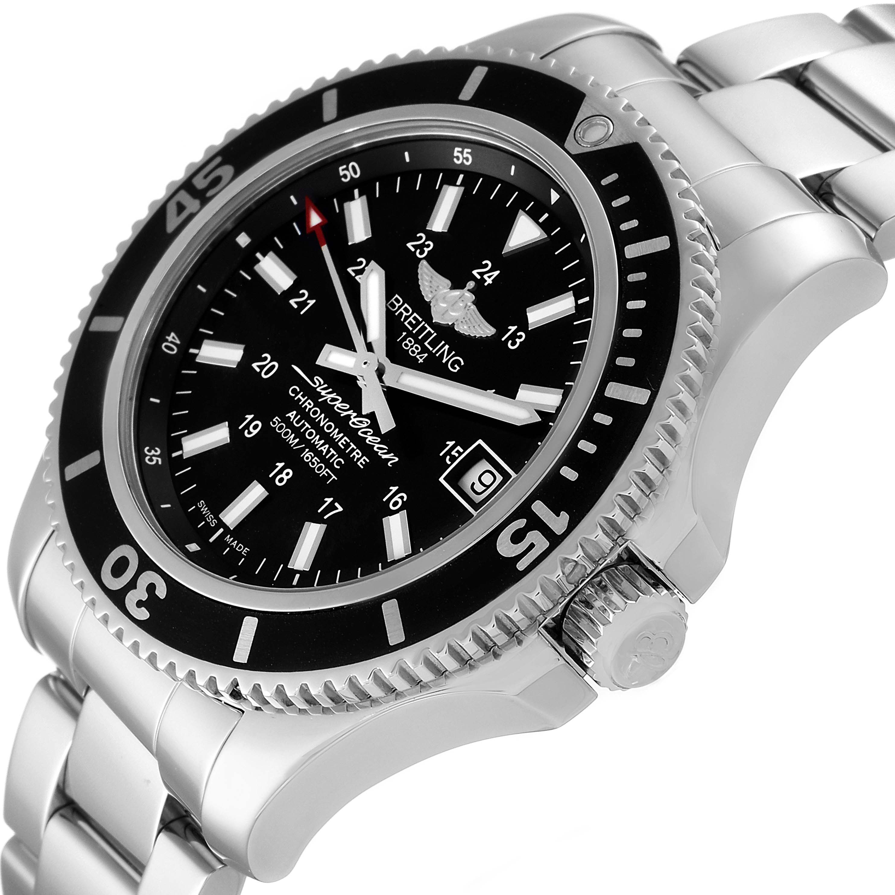 The image shows a side and front angle of a Breitling Superocean A17365 Men's Stainless Steel Black Dial A17365 Men's Stainless Steel Black Dial watch, displaying its face, bezel, crown, and part of the bracelet.