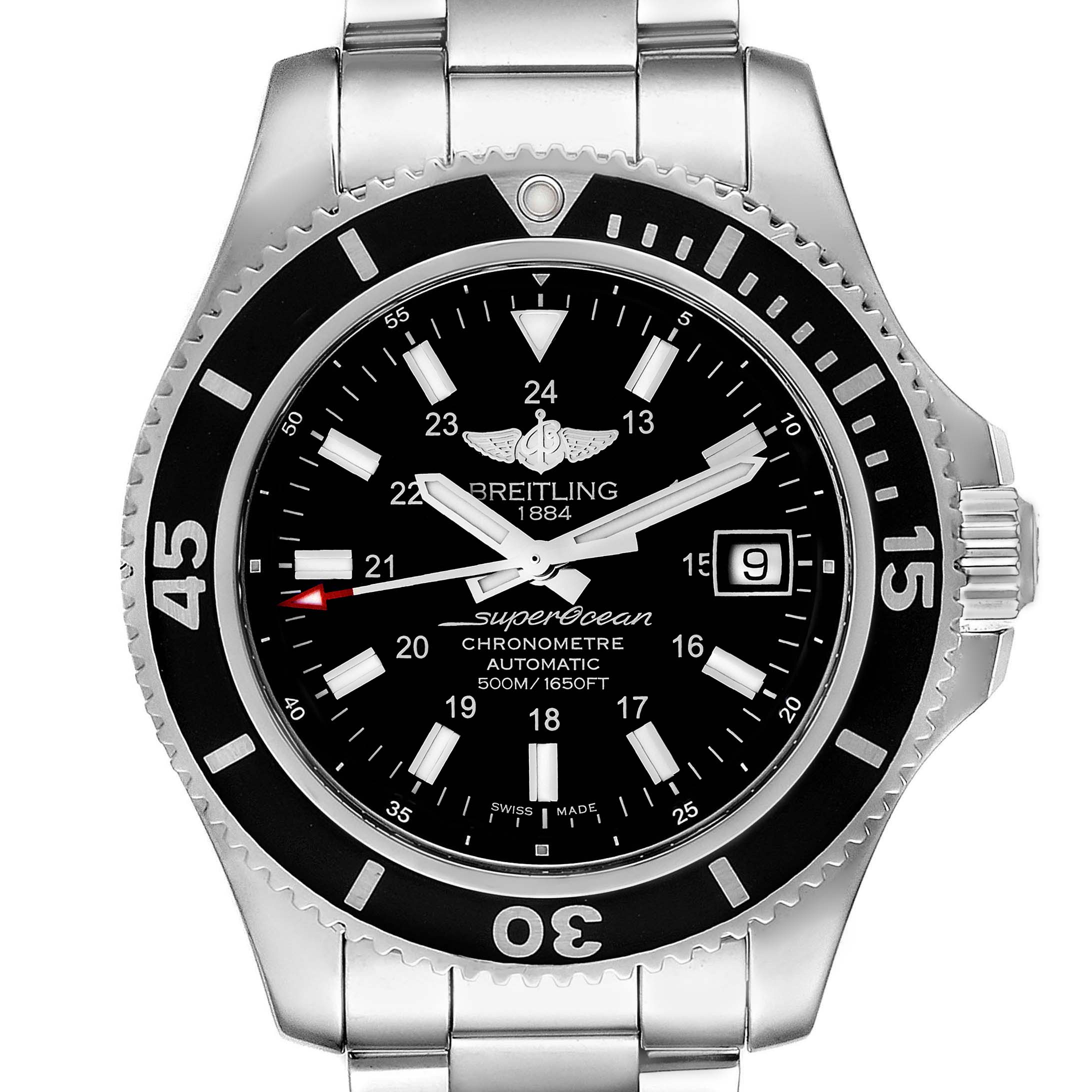 This image shows a frontal view of a Breitling Superocean A17365 Men's Stainless Steel Black Dial A17365 Men's Stainless Steel Black Dial watch, highlighting its face, bezel, and part of the bracelet.