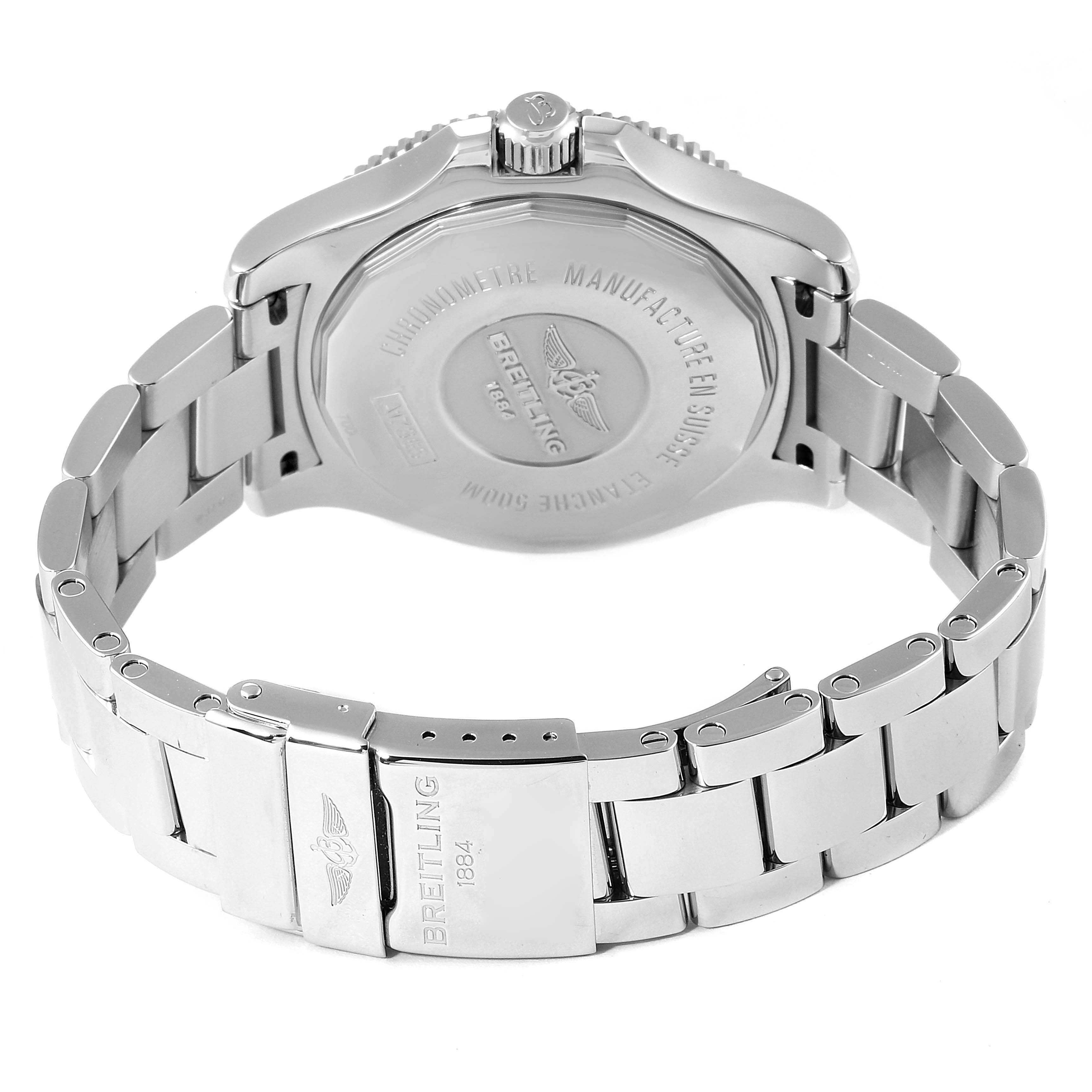 This image shows the back and bracelet of a Breitling Superocean A17365 Men's Stainless Steel Black Dial A17365 Men's Stainless Steel Black Dial watch from an angle emphasizing the clasp and case back.