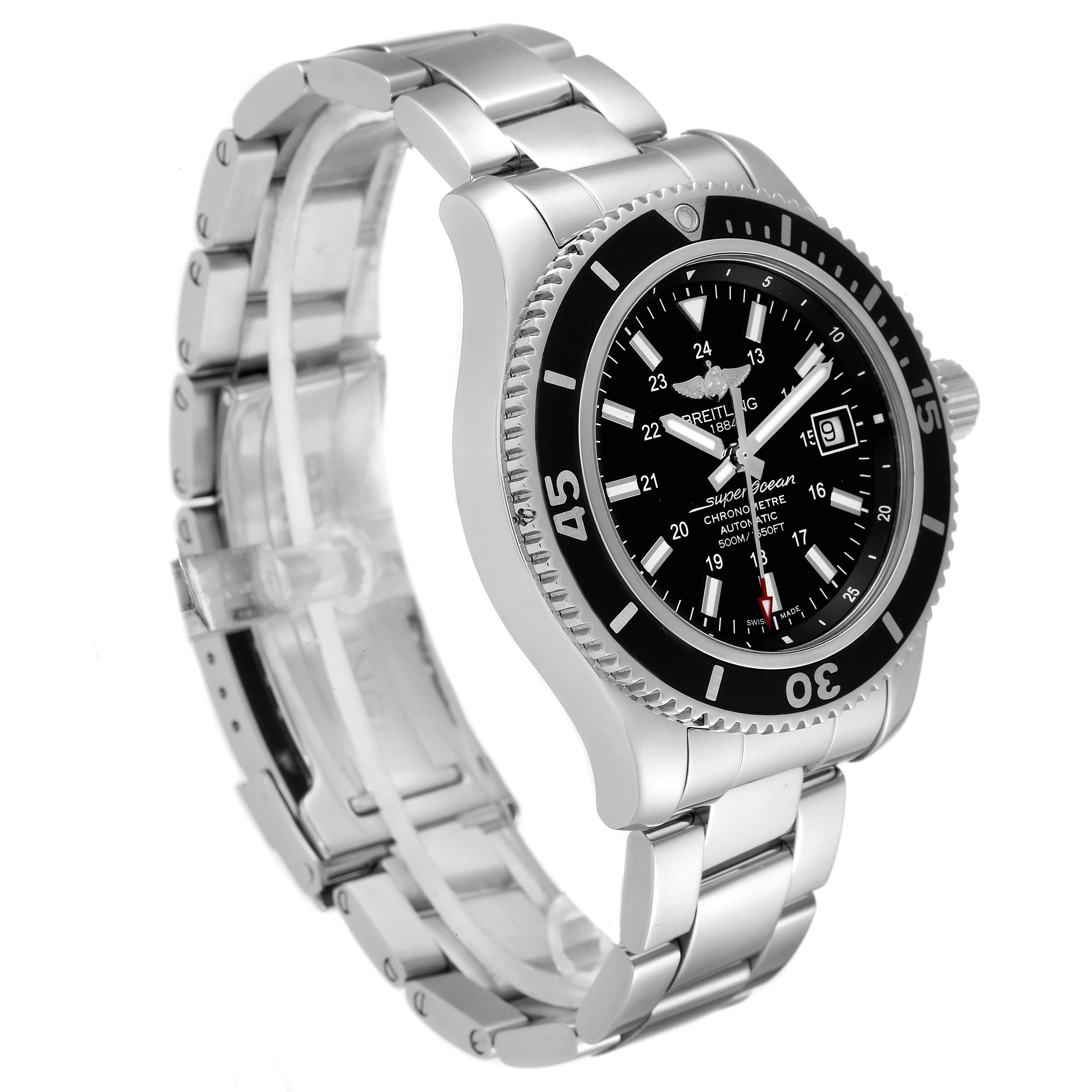 The image shows a side angle of the Breitling Superocean A17365 Men's Stainless Steel Black Dial A17365 Men's Stainless Steel Black Dial watch, highlighting the dial, bezel, crown, and bracelet.