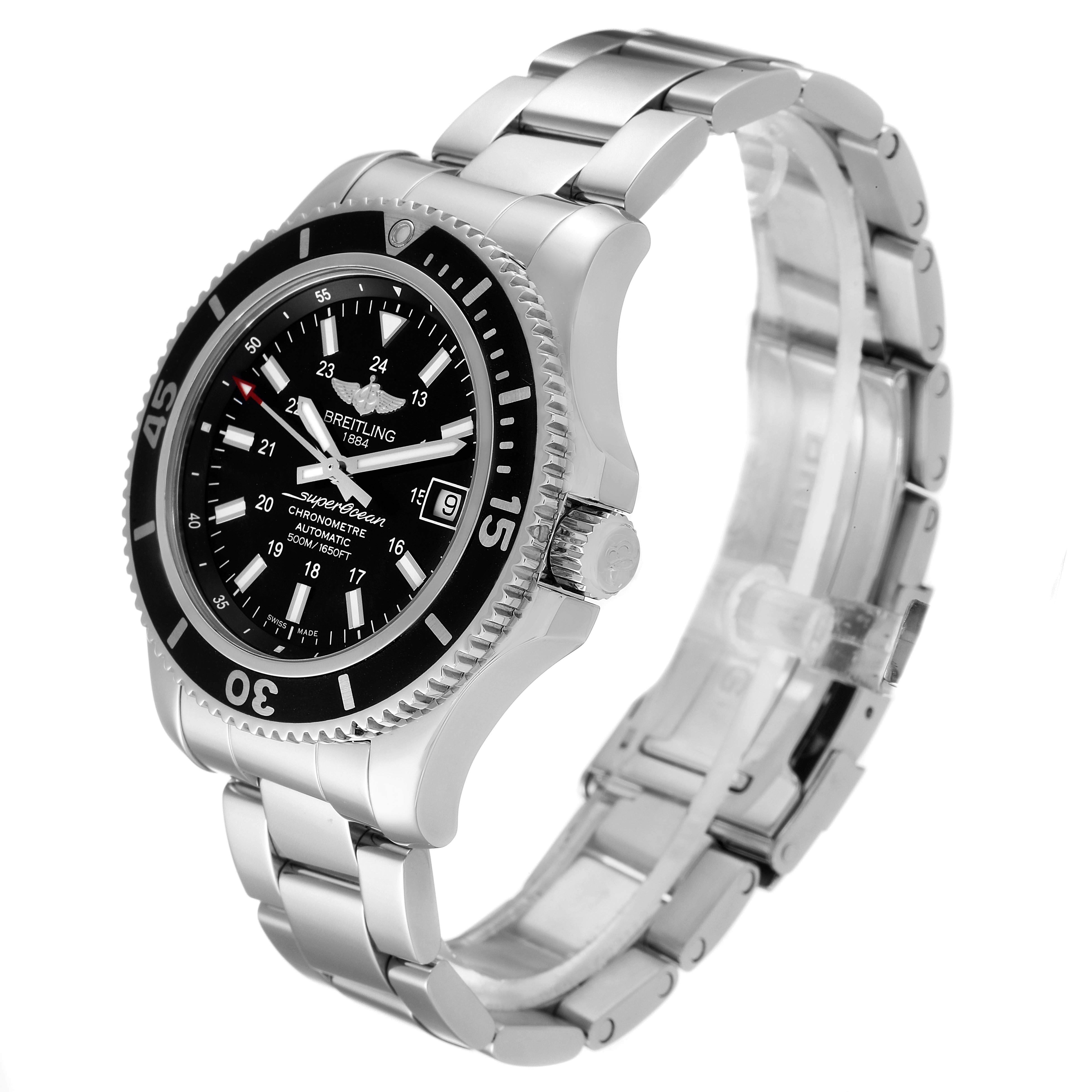 The image shows a Breitling Superocean A17365 Men's Stainless Steel Black Dial A17365 Men's Stainless Steel Black Dial watch at an angle highlighting its stainless steel bracelet, bezel, and dial.