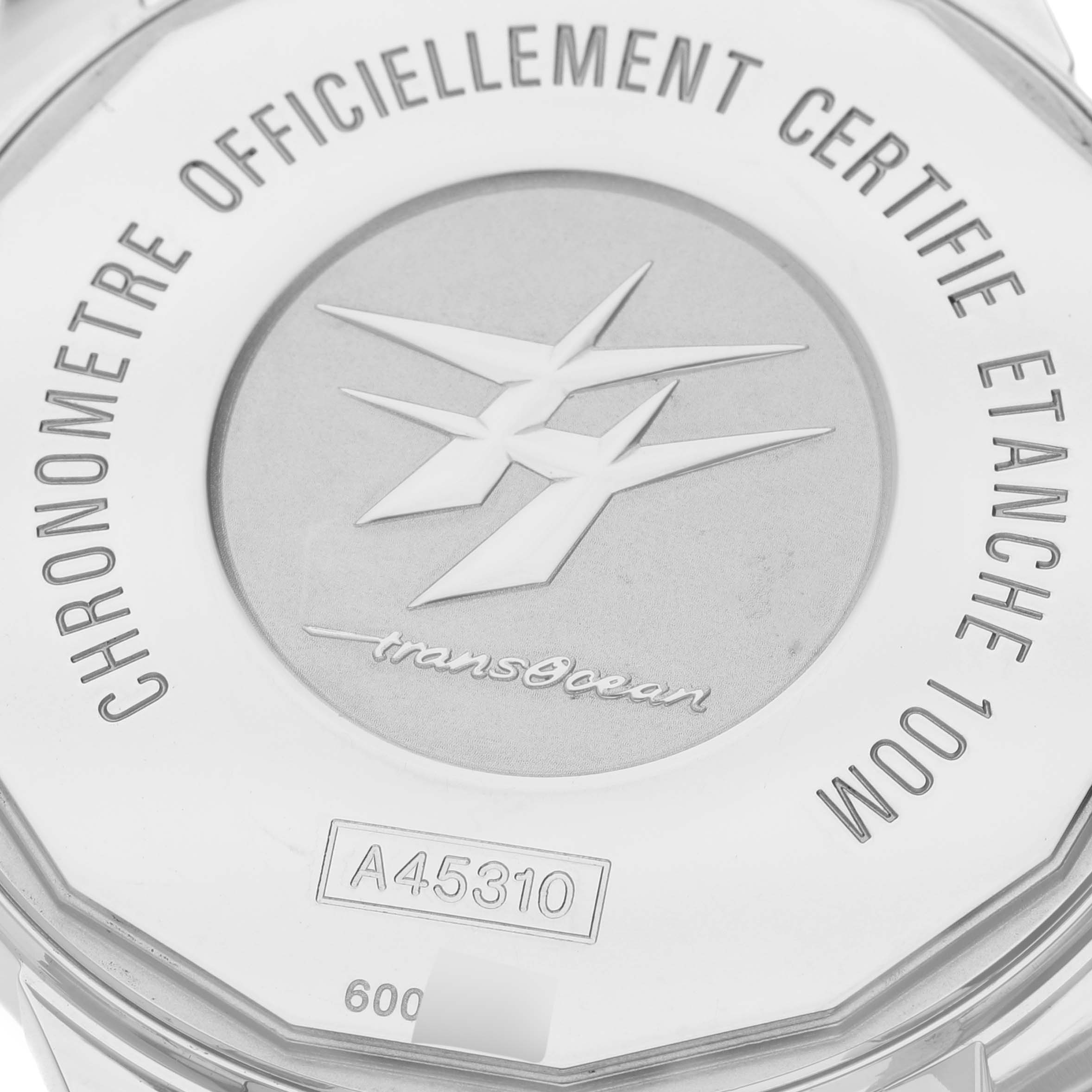 This image shows the back of the Breitling Transocean A45310 Men
s Stainless Steel White Dial A45310 Men
s Stainless Steel White Dial watch, highlighting its engraving and model number.