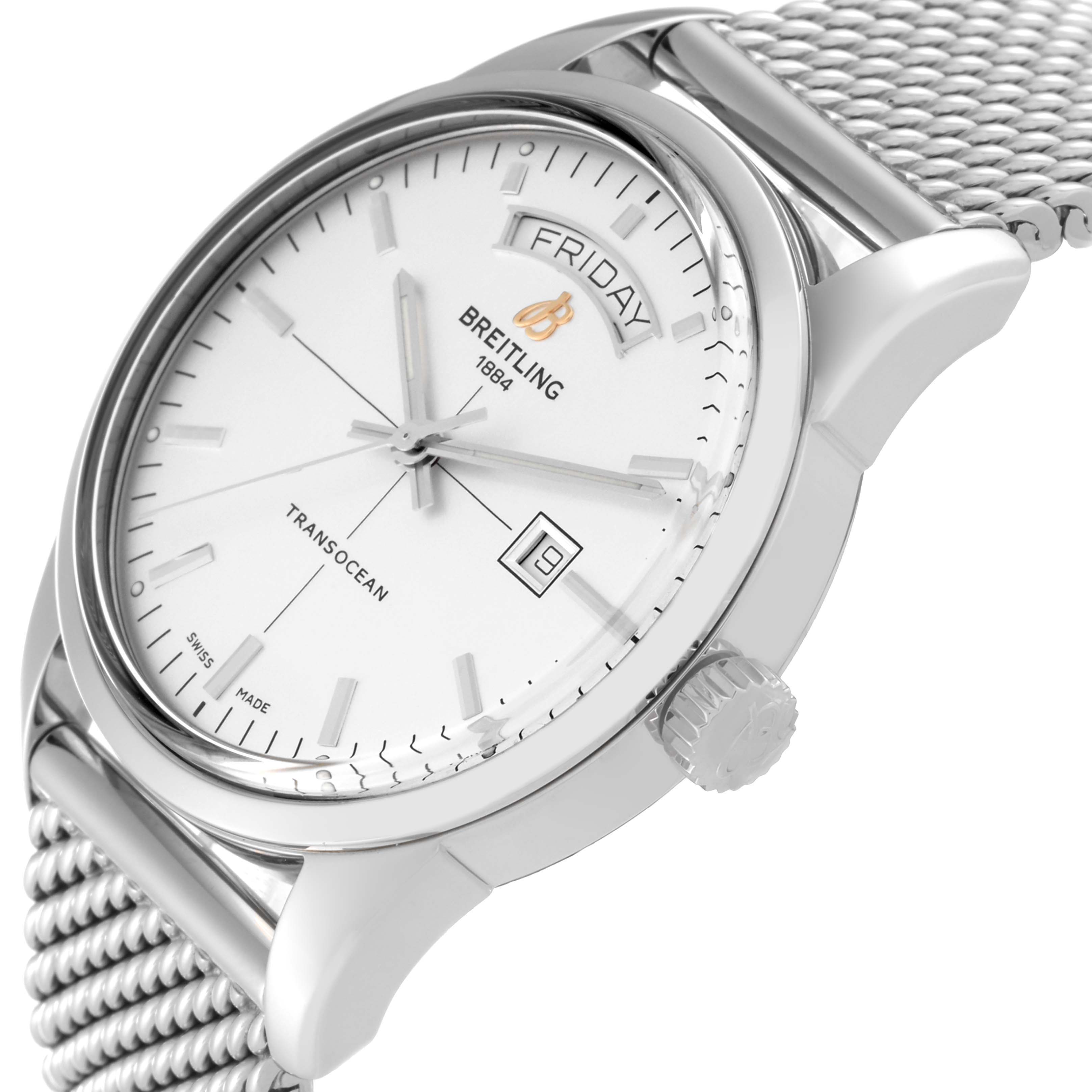 The image shows a close-up side angle of the Breitling Transocean A45310 Men
s Stainless Steel White Dial A45310 Men
s Stainless Steel White Dial watch, highlighting the dial, crown, lugs, and metal mesh strap.