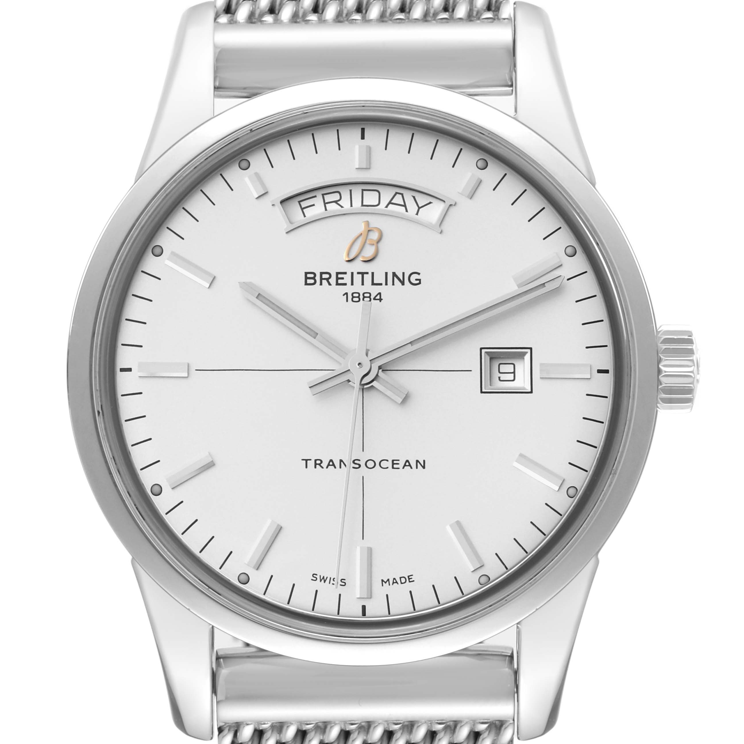 This image shows a front angle view of the Breitling Transocean A45310 Men
s Stainless Steel White Dial A45310 Men
s Stainless Steel White Dial watch, displaying the dial, day, date, and part of the metal bracelet.