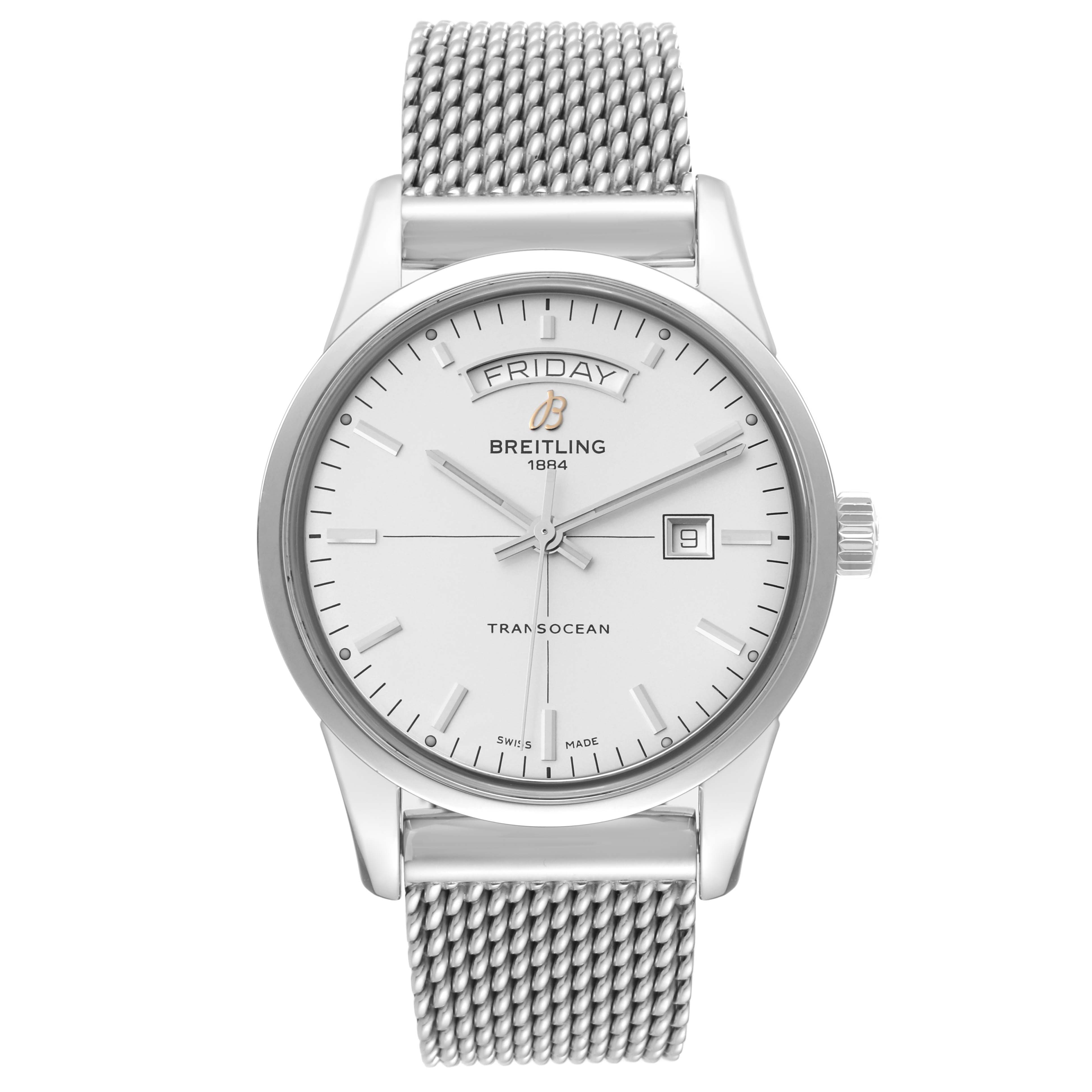 The image shows a front view of the Breitling Transocean A45310 Men
s Stainless Steel White Dial A45310 Men
s Stainless Steel White Dial watch, highlighting the dial, mesh bracelet, and crown.
