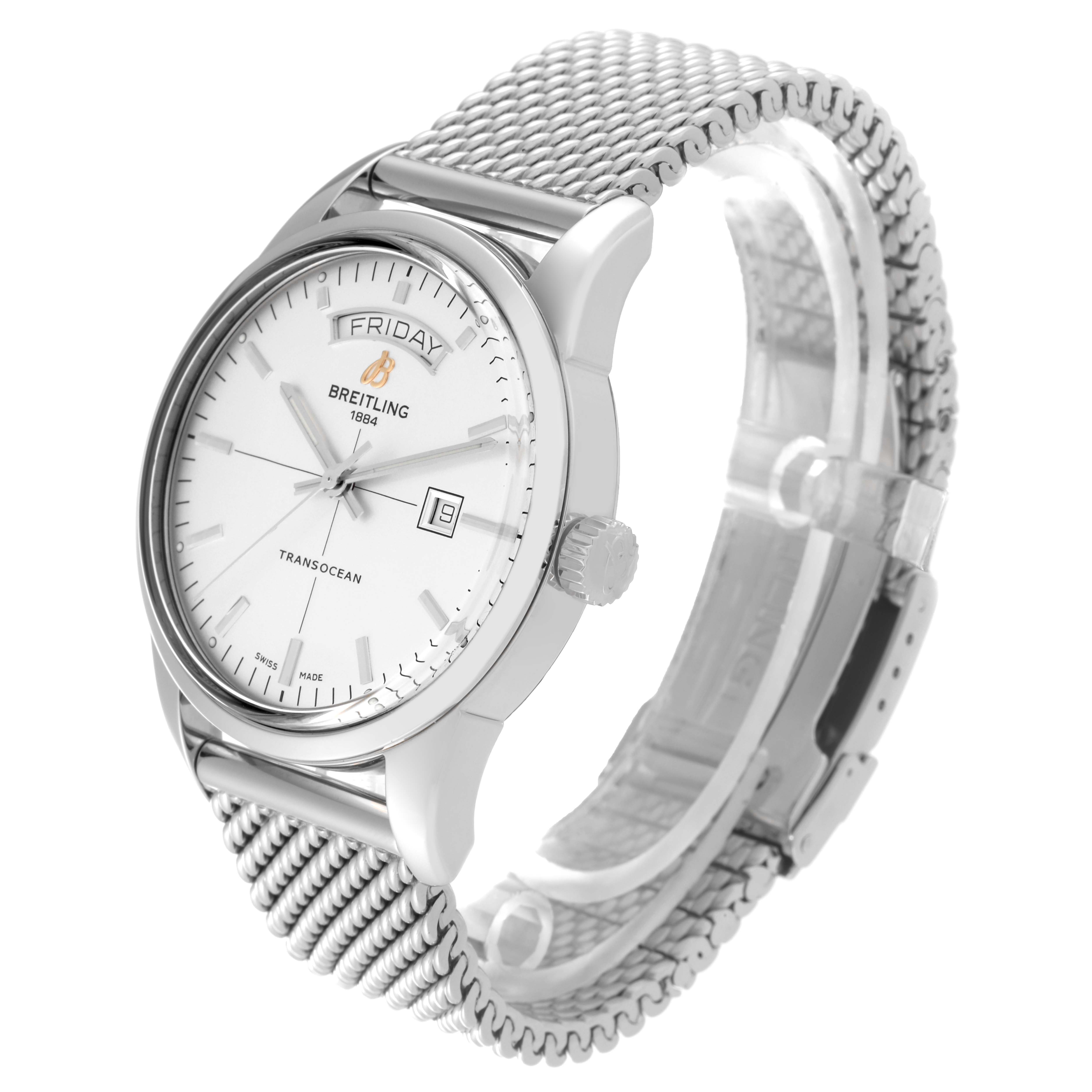 The image shows a Breitling Transocean A45310 Men
s Stainless Steel White Dial A45310 Men
s Stainless Steel White Dial watch at a three-quarter angle, highlighting its dial, crown, and mesh bracelet.