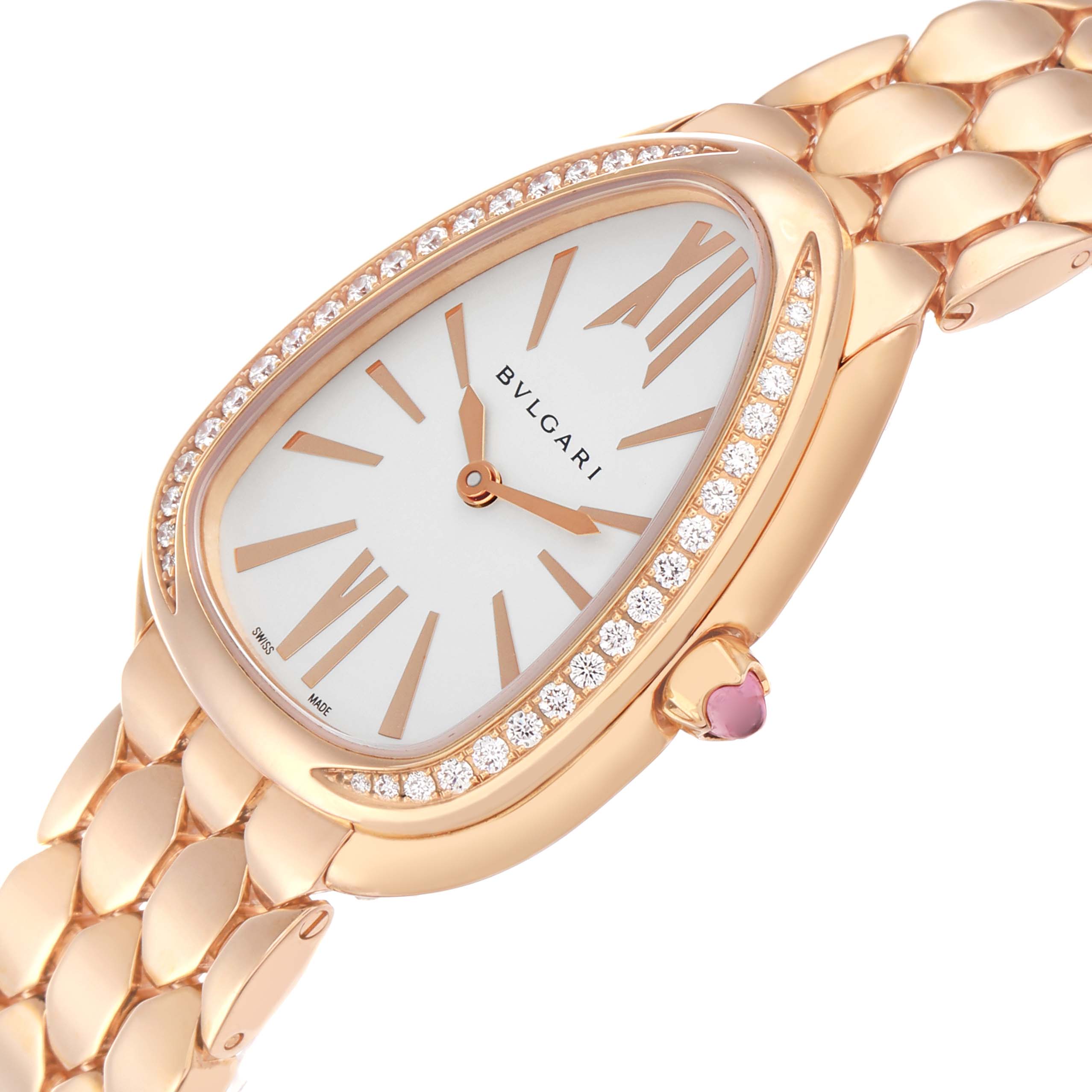 The Bvlgari 103145 Women's Rose Gold Silver Dial Serpenti Seduttori Rose Gold Diamond Ladies Watch 103145 is shown at an angled view highlighting the dial and diamond-encrusted bezel.