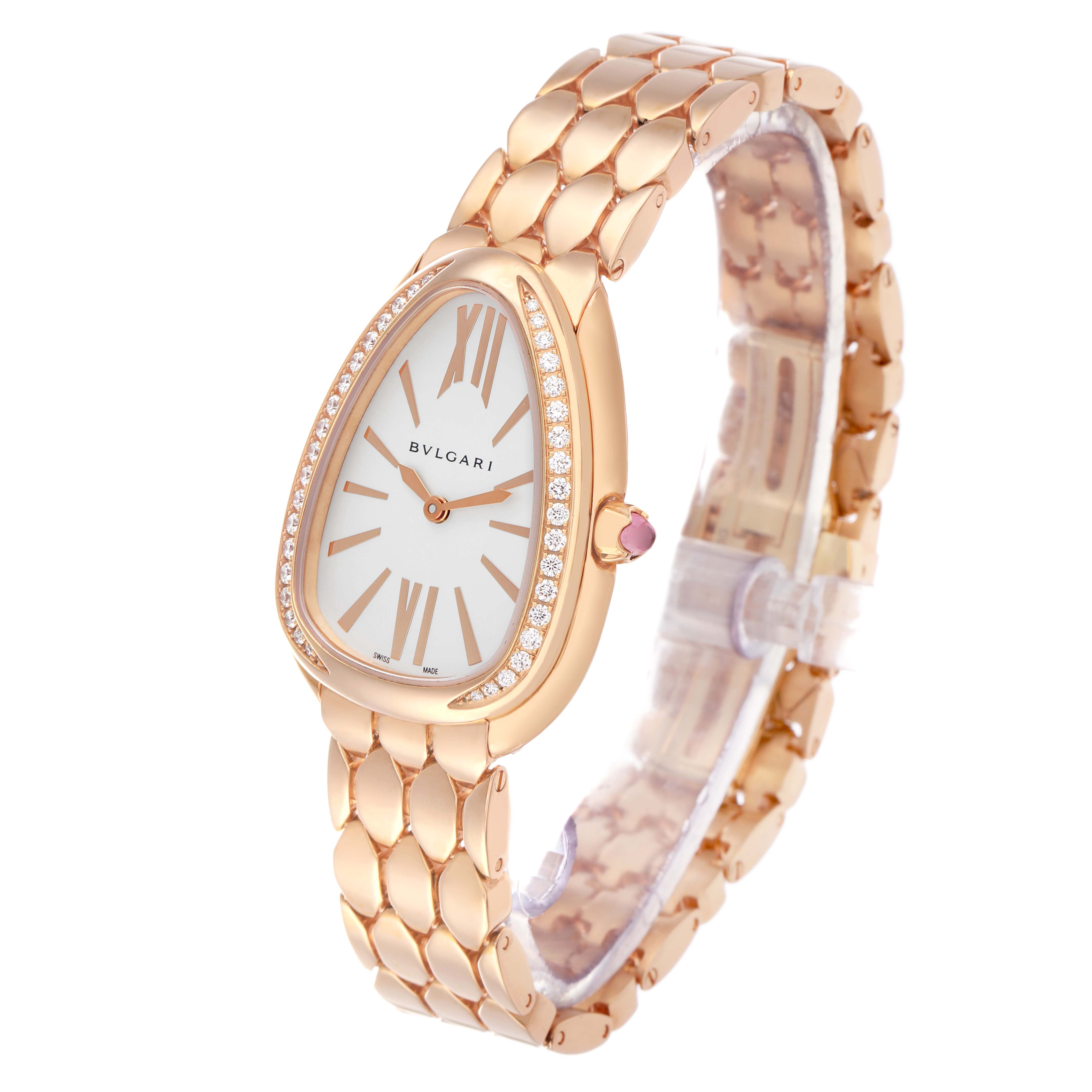The Bvlgari 103145 Women's Rose Gold Silver Dial Serpenti Seduttori 103145 is shown from an angled view, highlighting the rose gold case, diamond bezel, and bracelet design.