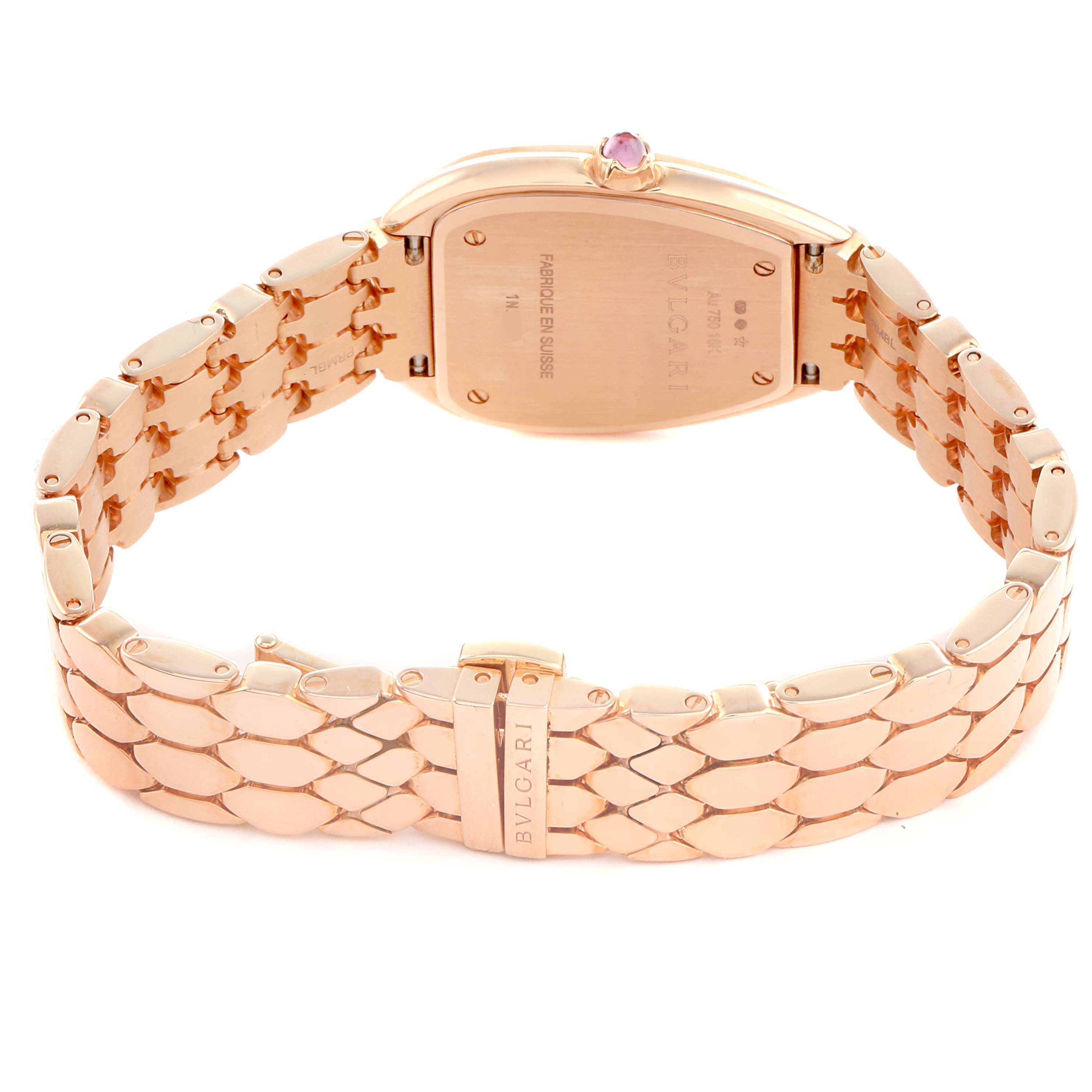 The image shows the back of the Bvlgari 103145 Women's Rose Gold Silver Dial Serpenti Seduttori Rose Gold Diamond Ladies Watch 103145, featuring the clasp and case back.