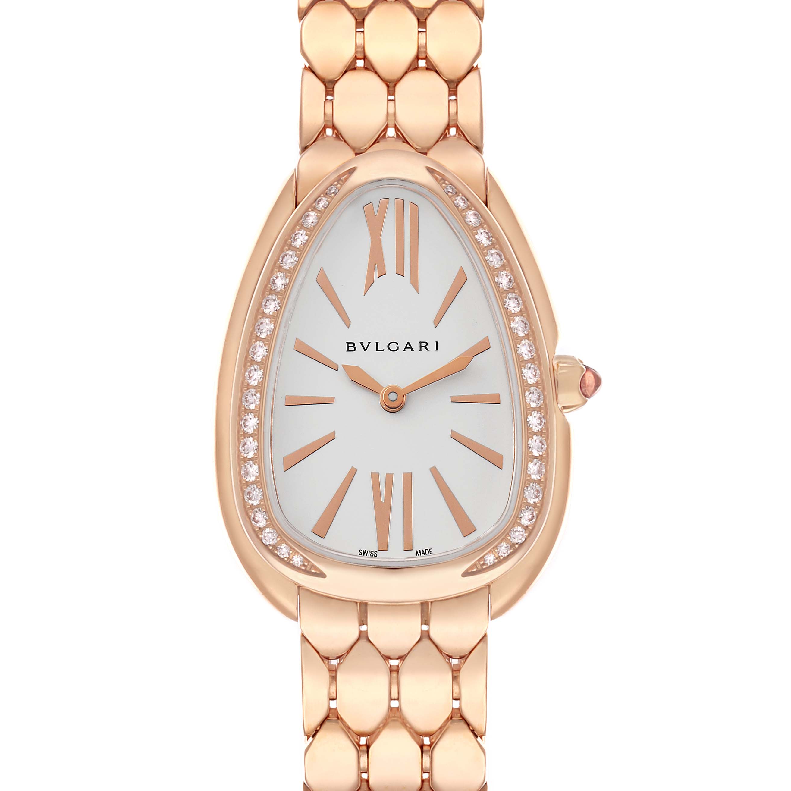 The Bvlgari 103145 Women's Rose Gold Silver Dial Serpenti Seduttori 103145 is shown from the front, highlighting the dial, rose gold case, and diamond bezel.