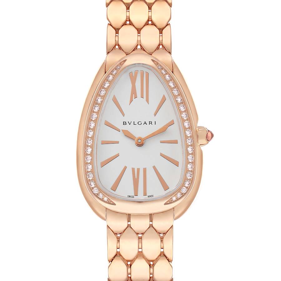 The Bvlgari 103145 Women's Rose Gold Silver Dial Serpenti Seduttori 103145 is shown from the front, highlighting the dial, rose gold case, and diamond bezel.