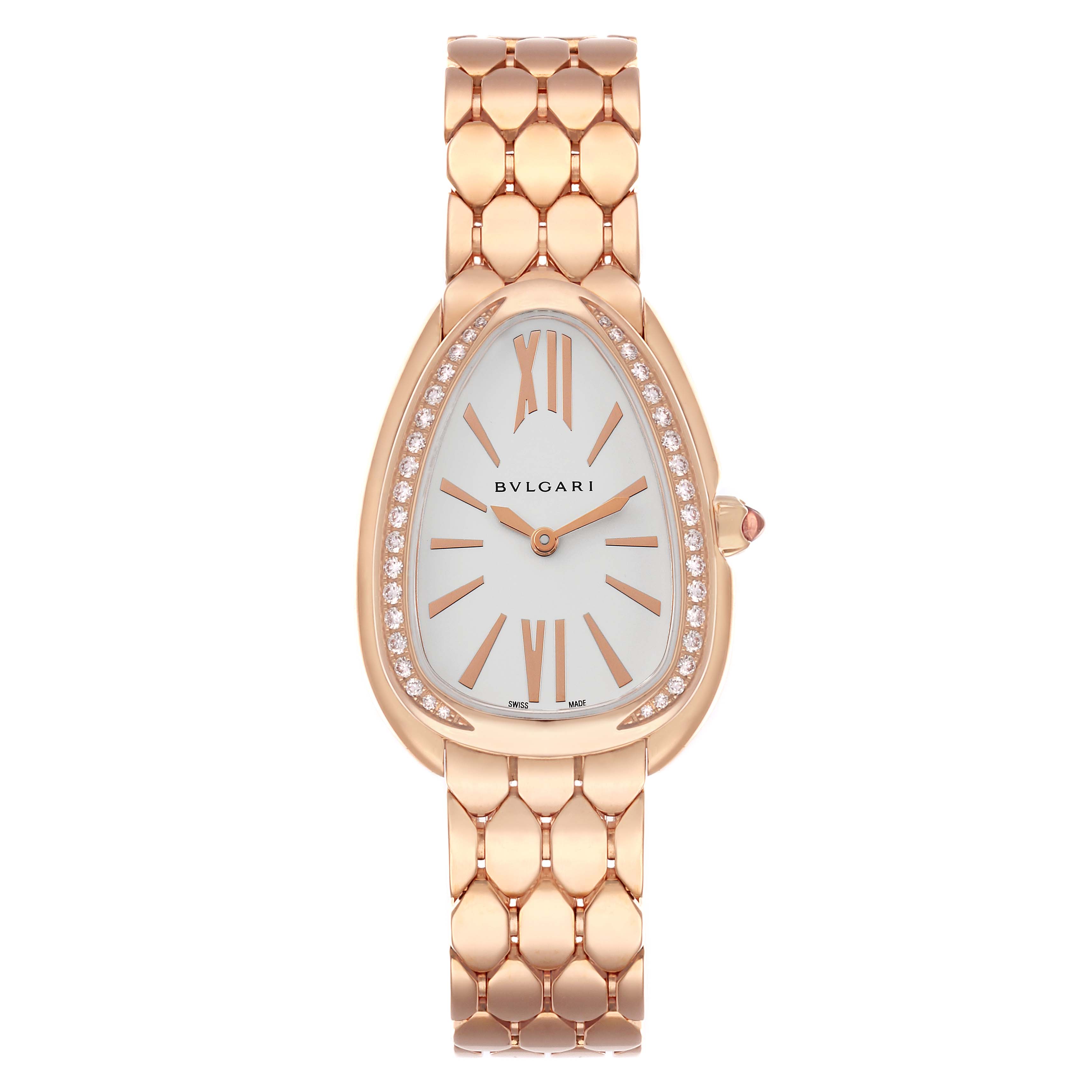 The Bvlgari 103145 Women's Rose Gold Silver Dial Serpenti Seduttori Rose Gold Diamond Ladies Watch 103145 is shown from the front, highlighting the face, bezel, and bracelet.