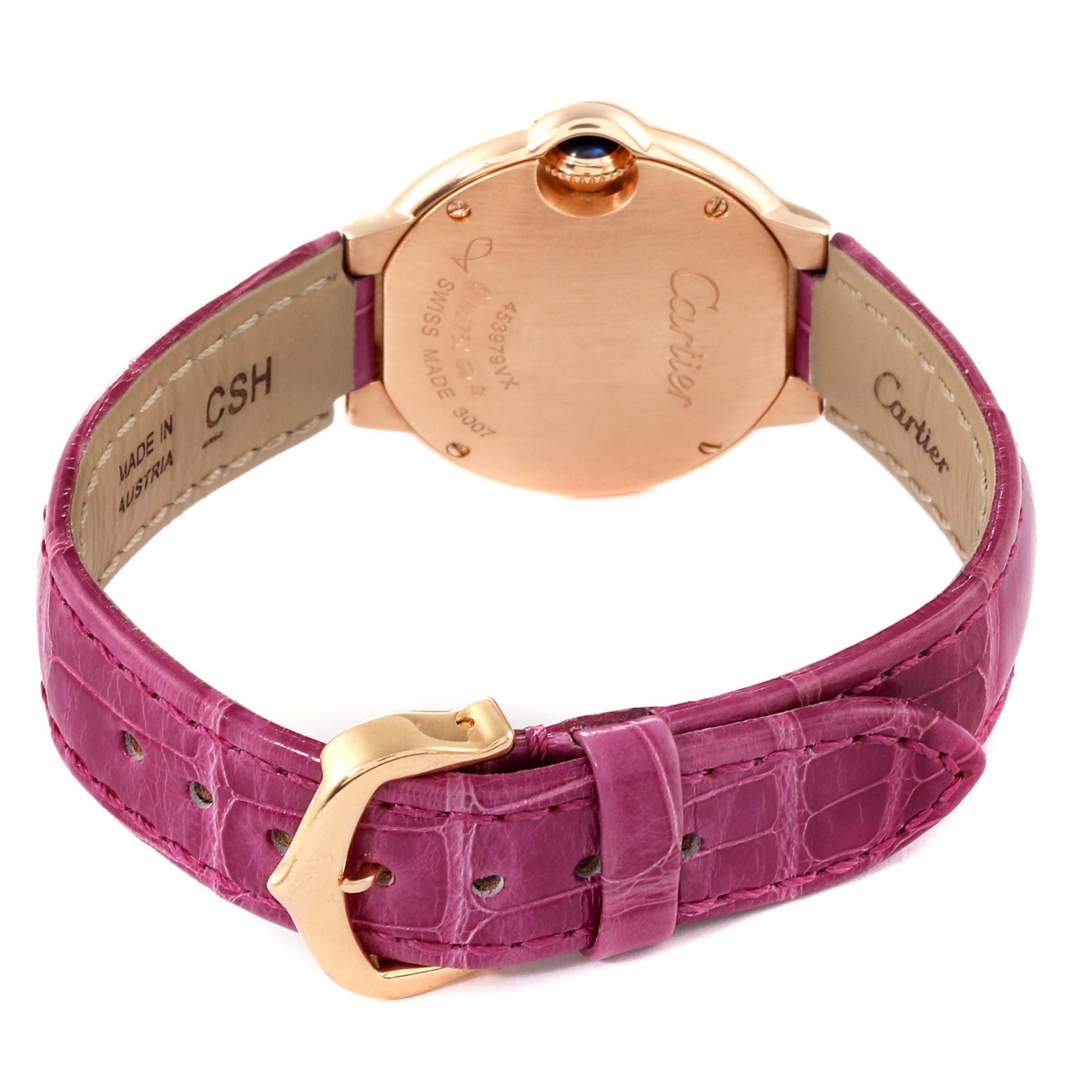 This image shows the back view of the Cartier Ballon Bleu WE902050 Women
s Rose Gold Silver Dial WE902050 Women
s Rose Gold Silver Dial watch, highlighting the clasp and strap.