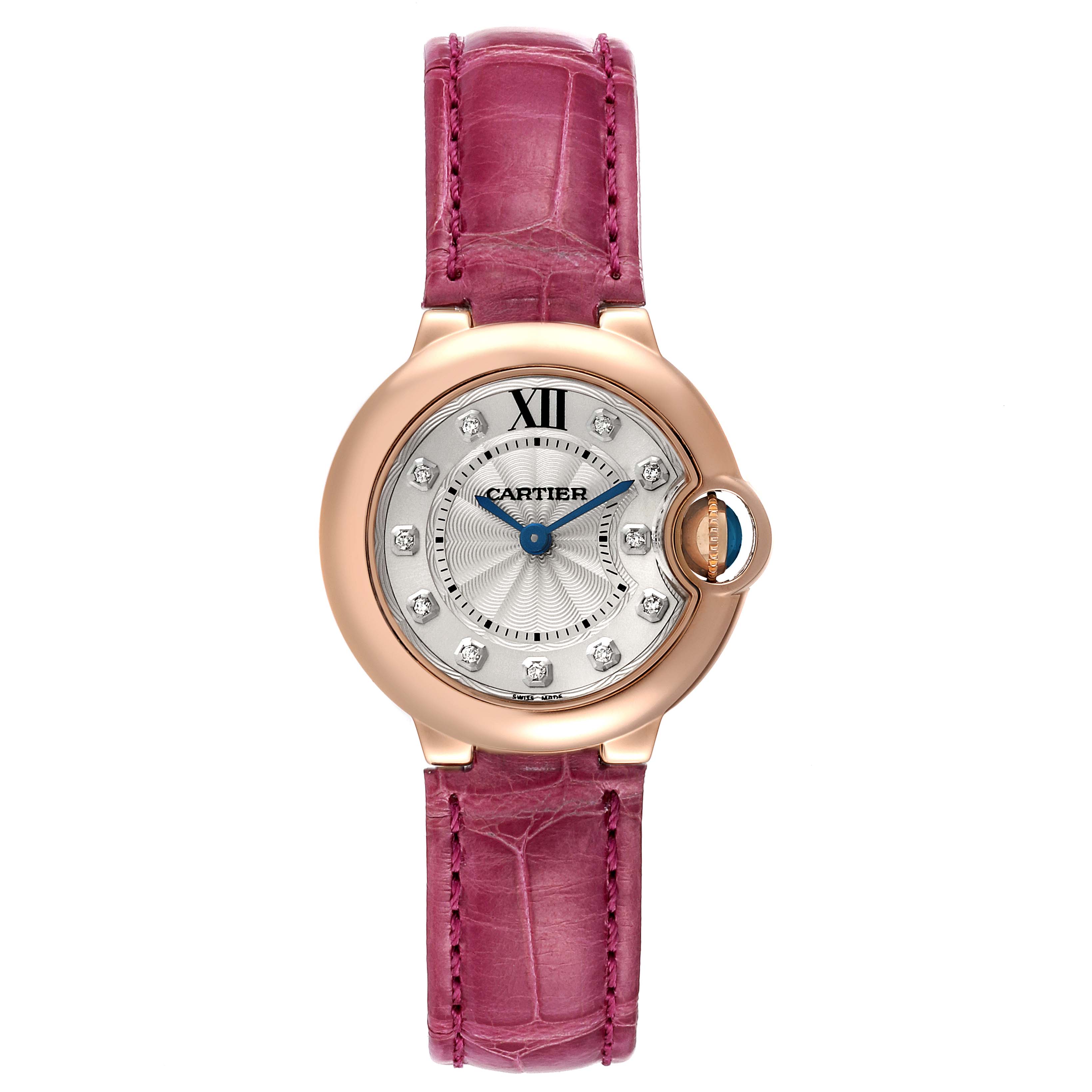 The Cartier Ballon Bleu WE902050 Women
s Rose Gold Silver Dial WE902050 Women
s Rose Gold Silver Dial watch is shown from the front, displaying the face, case, and pink leather strap.