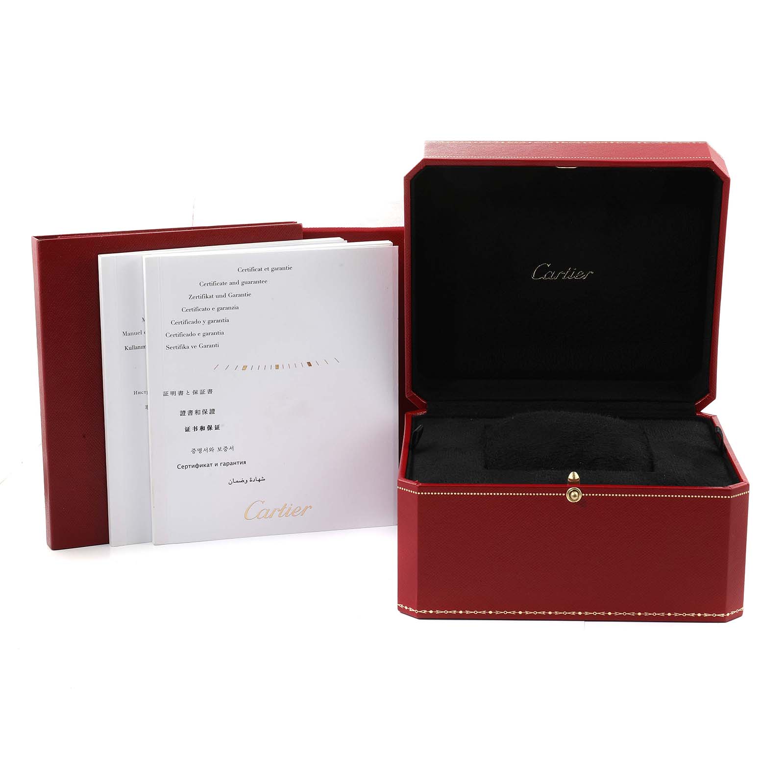 The image shows the packaging and paperwork for a Cartier Ballon Bleu WE902050 Women
s Rose Gold Silver Dial WE902050 Women
s Rose Gold Silver Dial watch, including a red watch box and various booklets.