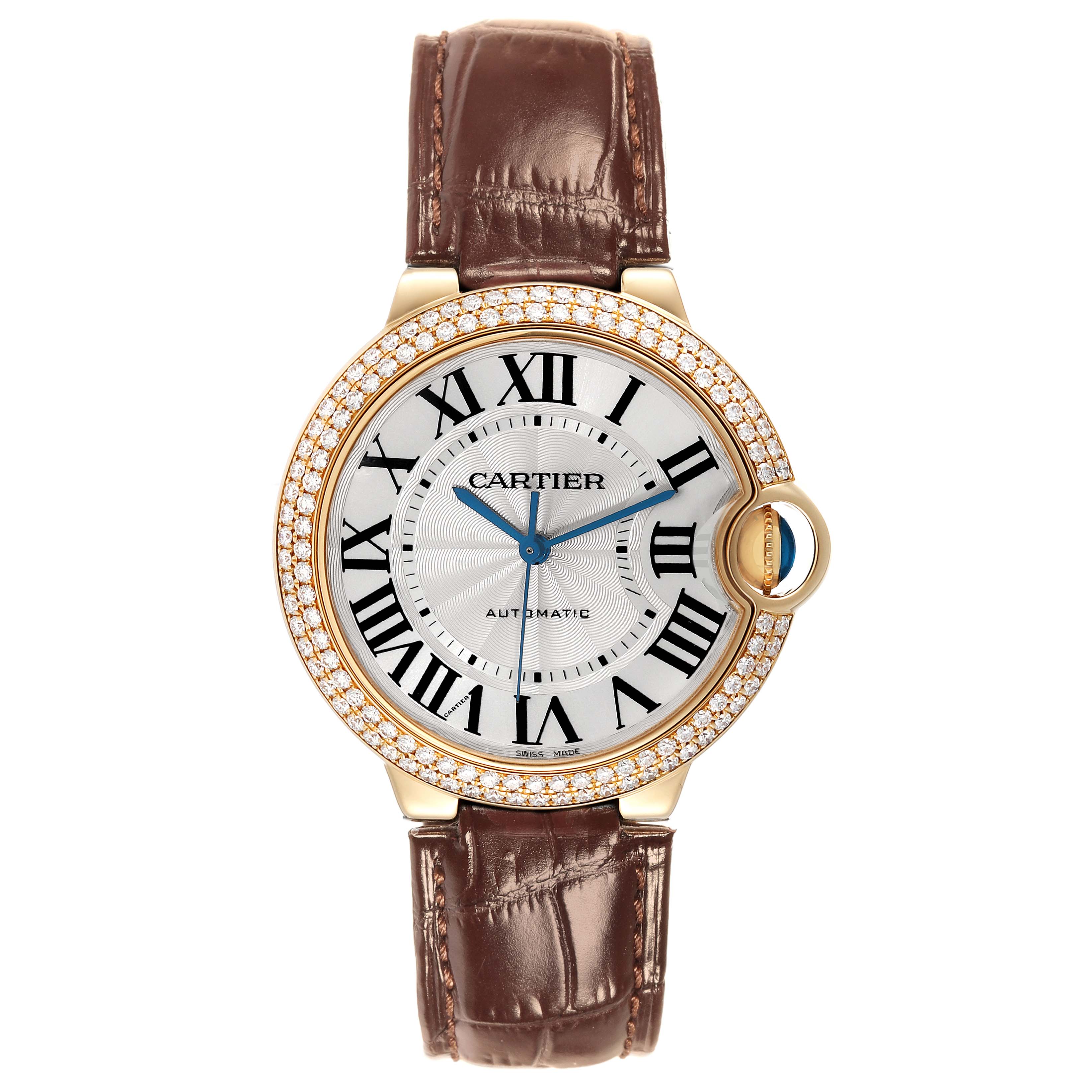 This image shows a Cartier Ballon Bleu WE900451 Men's Yellow Gold Silver Dial WE900451 Men's Yellow Gold Silver Dial watch from a front angle, highlighting the dial, bezel, case, and brown leather strap.