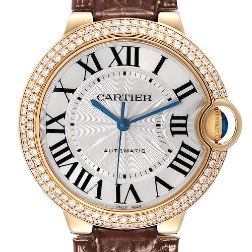 The image shows a front view of the Cartier Ballon Bleu watch showcasing its dial, bezel with diamonds, and part of the strap.