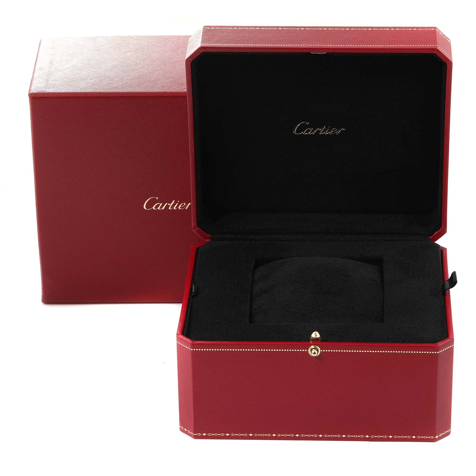 The image shows an open red and black Cartier watch box for the Ballon Bleu model, with the Cartier logo visible.