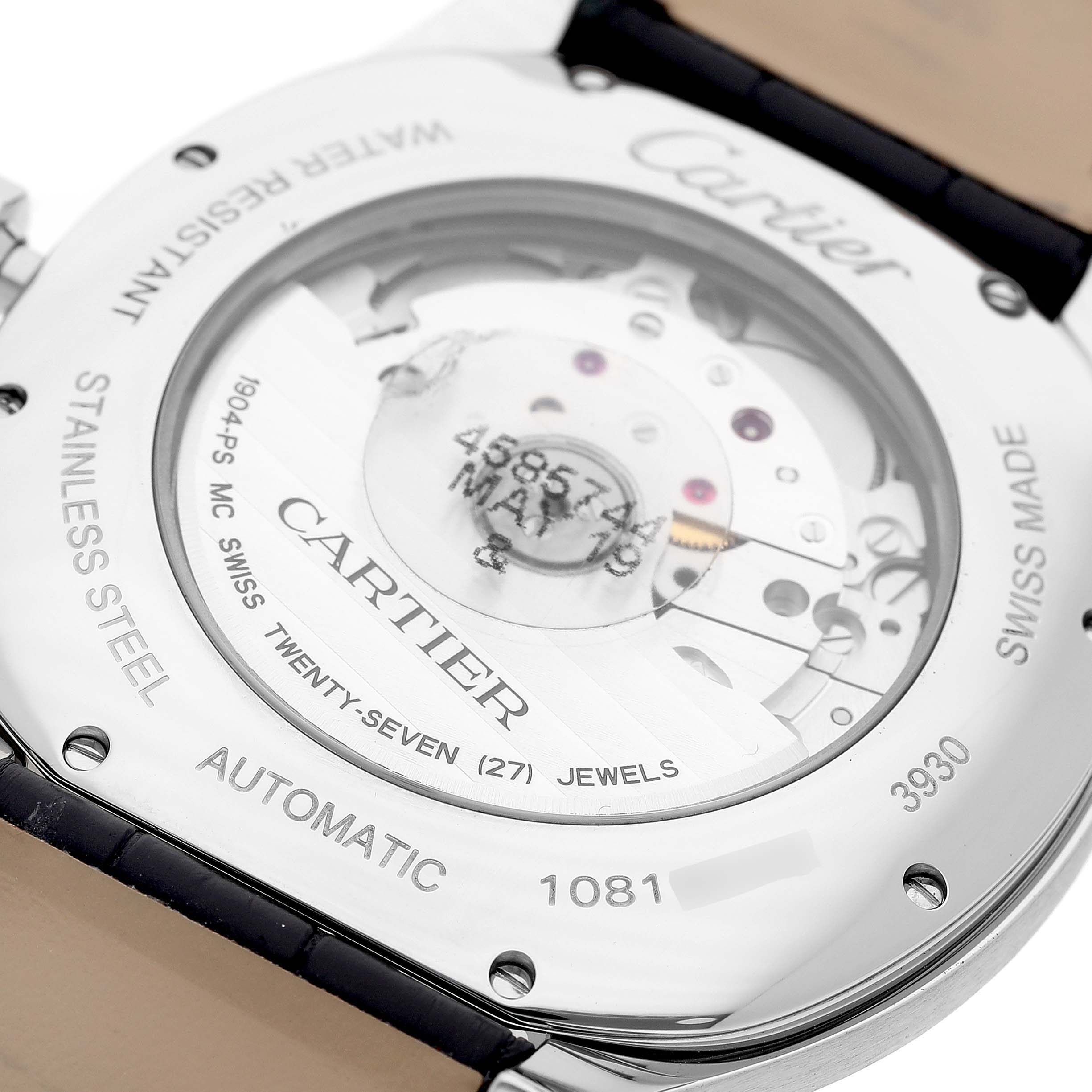 The image shows the back view of a Drive de Cartier watch, highlighting the automatic movement and case details.