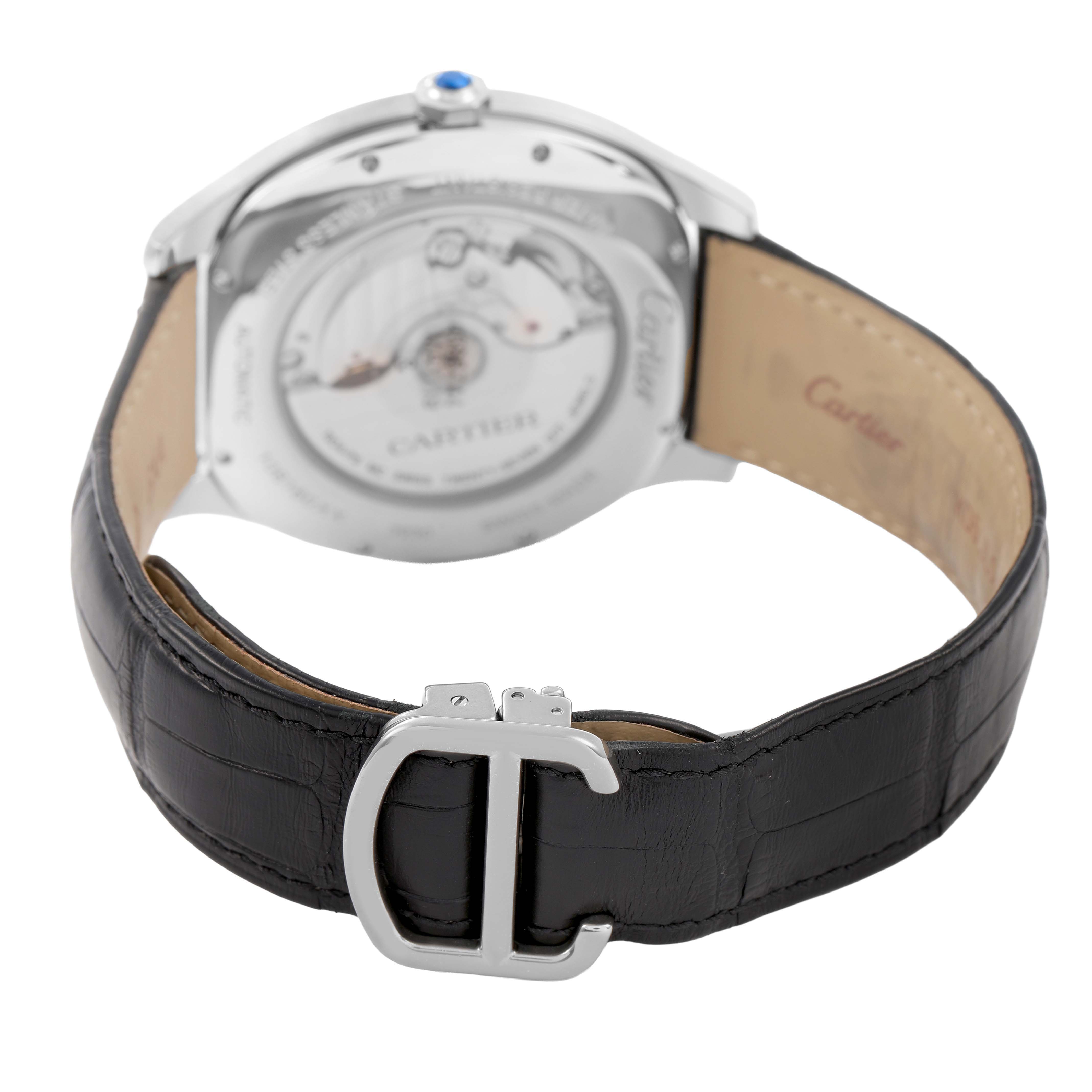 The image shows the back and side of a Drive de Cartier watch with an open leather strap and visible clasp.