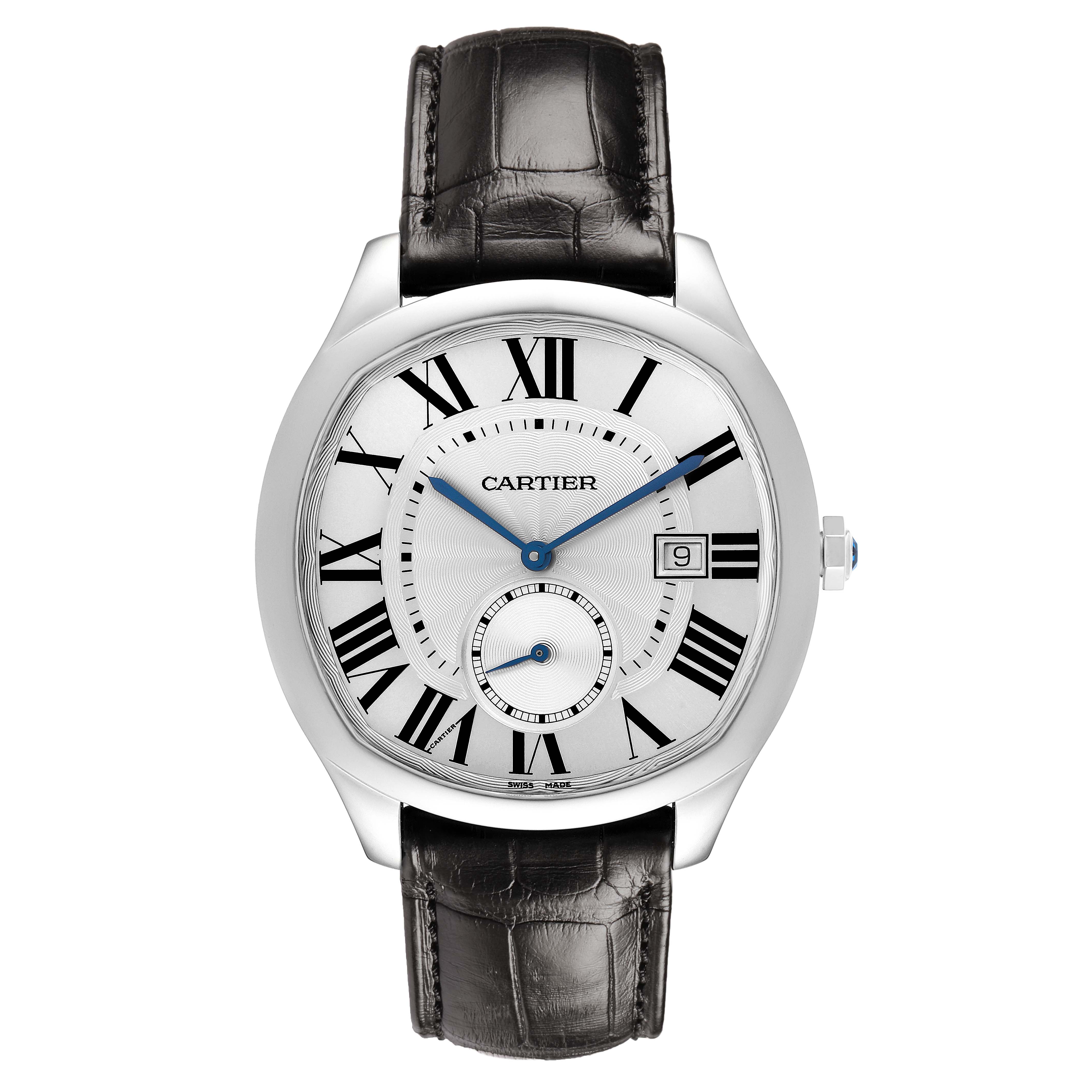 The Drive de Cartier watch is shown from a front angle, highlighting the dial, Roman numerals, and leather strap.
