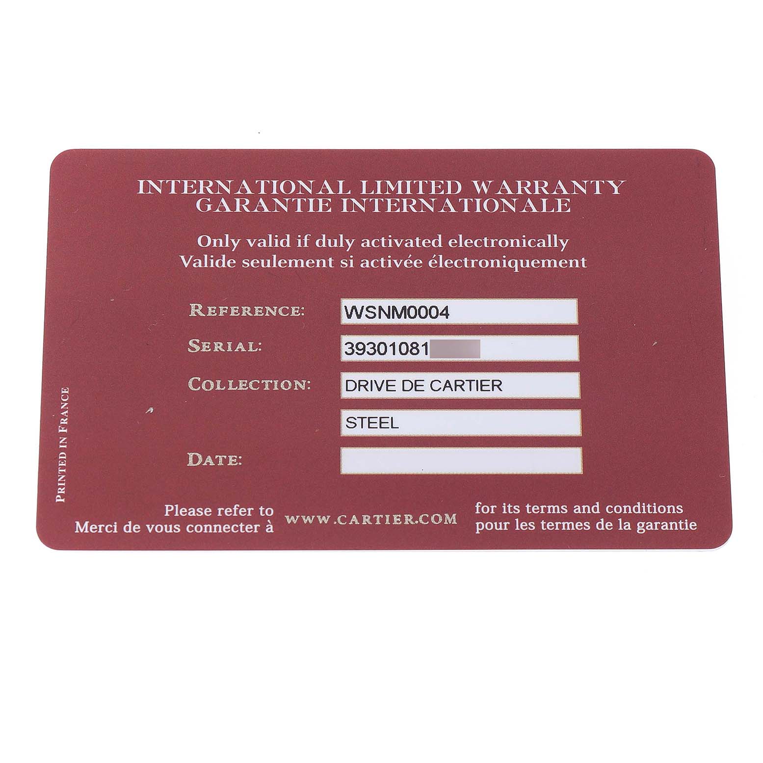 This image shows the International Limited Warranty card for the Drive de Cartier model by Cartier.