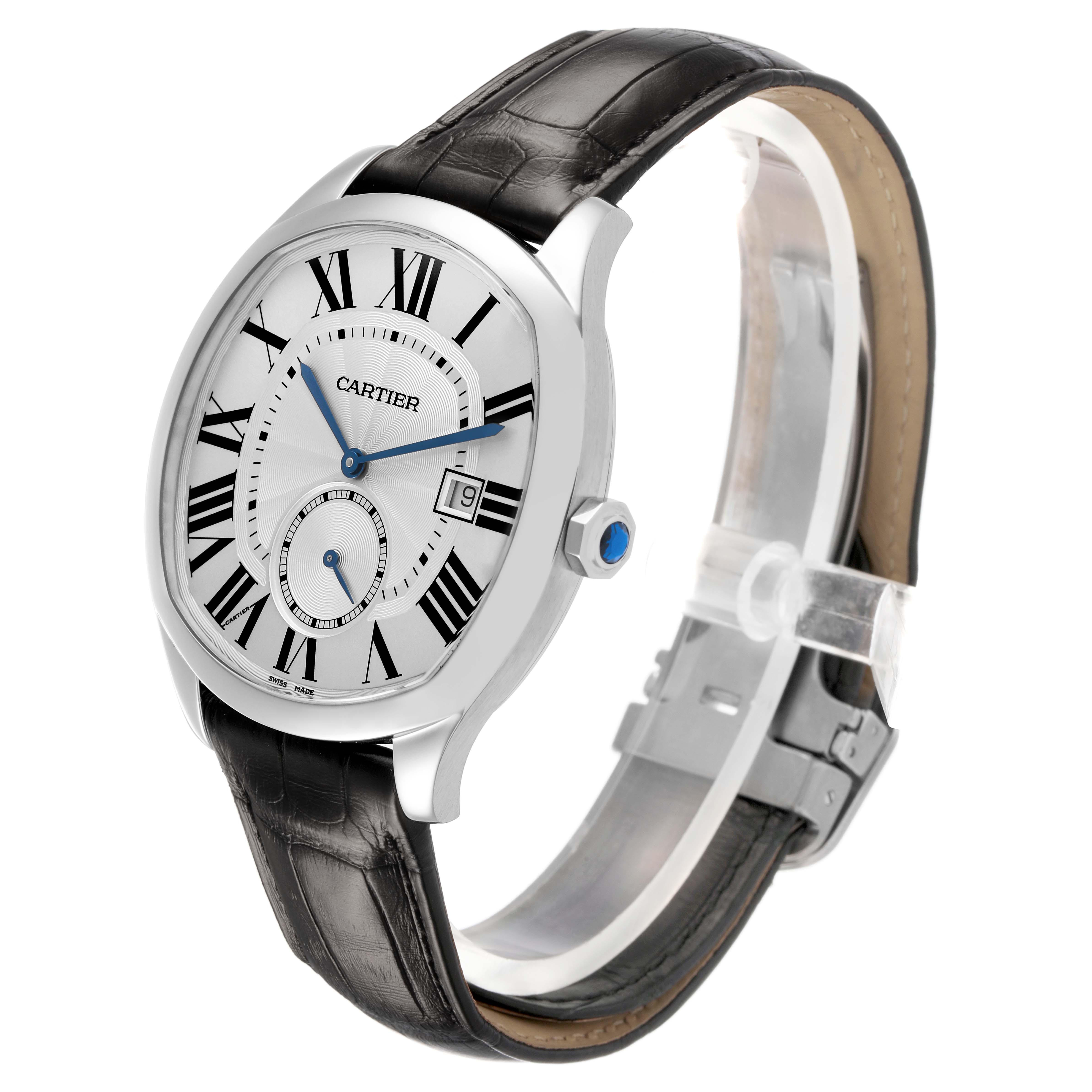 The Drive de Cartier watch is shown at a side angle, highlighting the face, Roman numerals, leather strap, and crown.