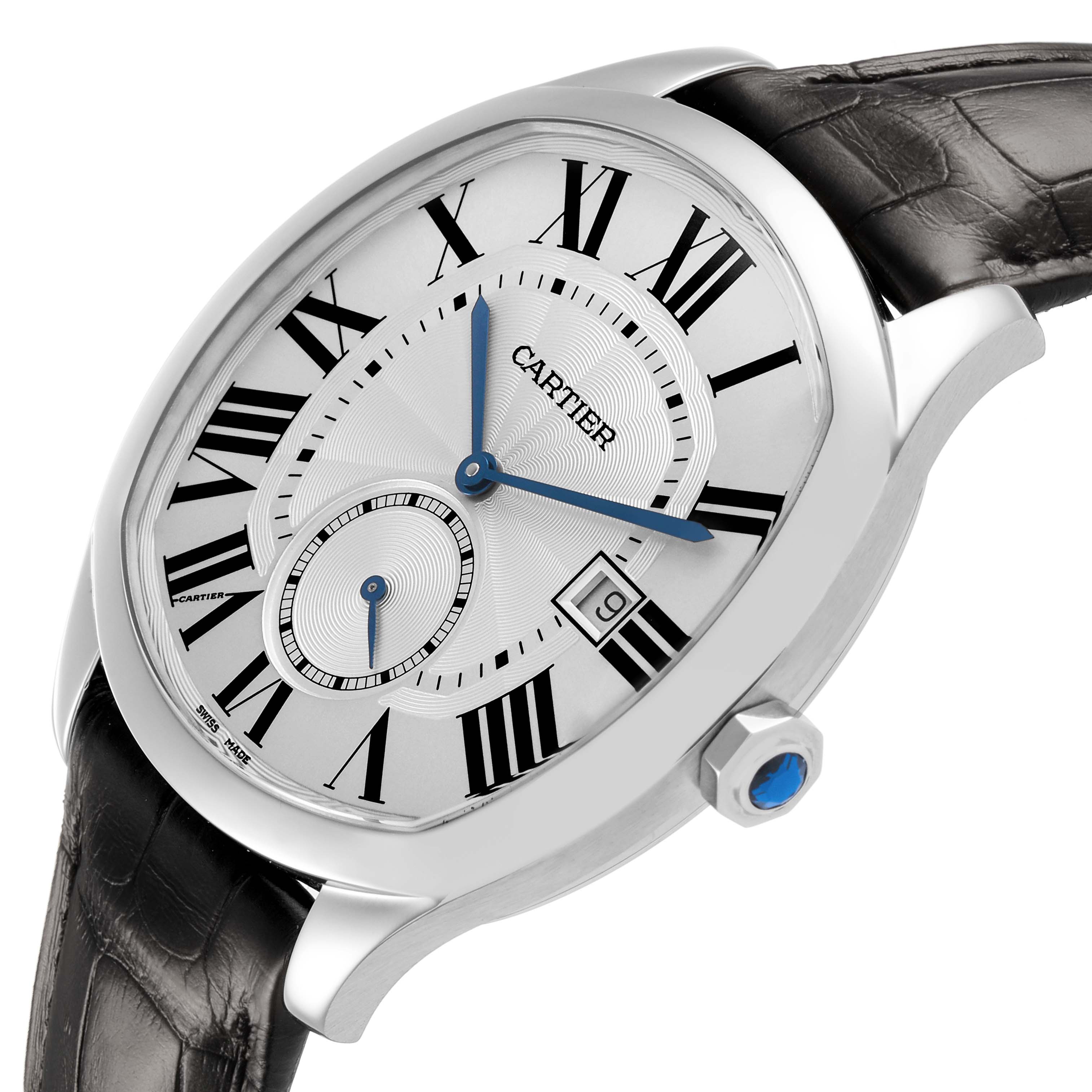 The Drive de Cartier watch is shown at an angled view, displaying its face, Roman numerals, leather strap, and blue crown.