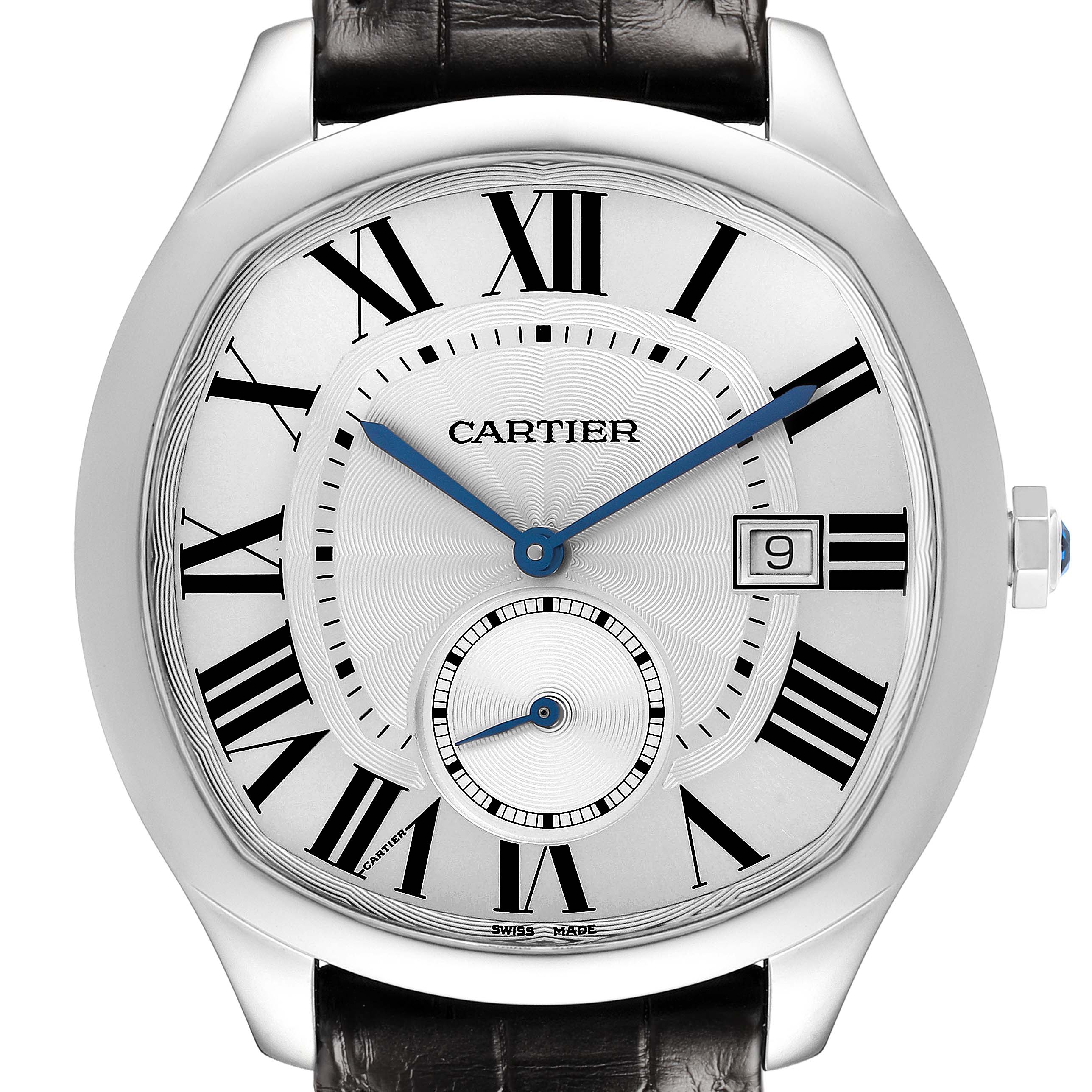The Drive de Cartier watch is shown from a frontal angle, displaying its Roman numerals, date window, and sub-dial prominently.