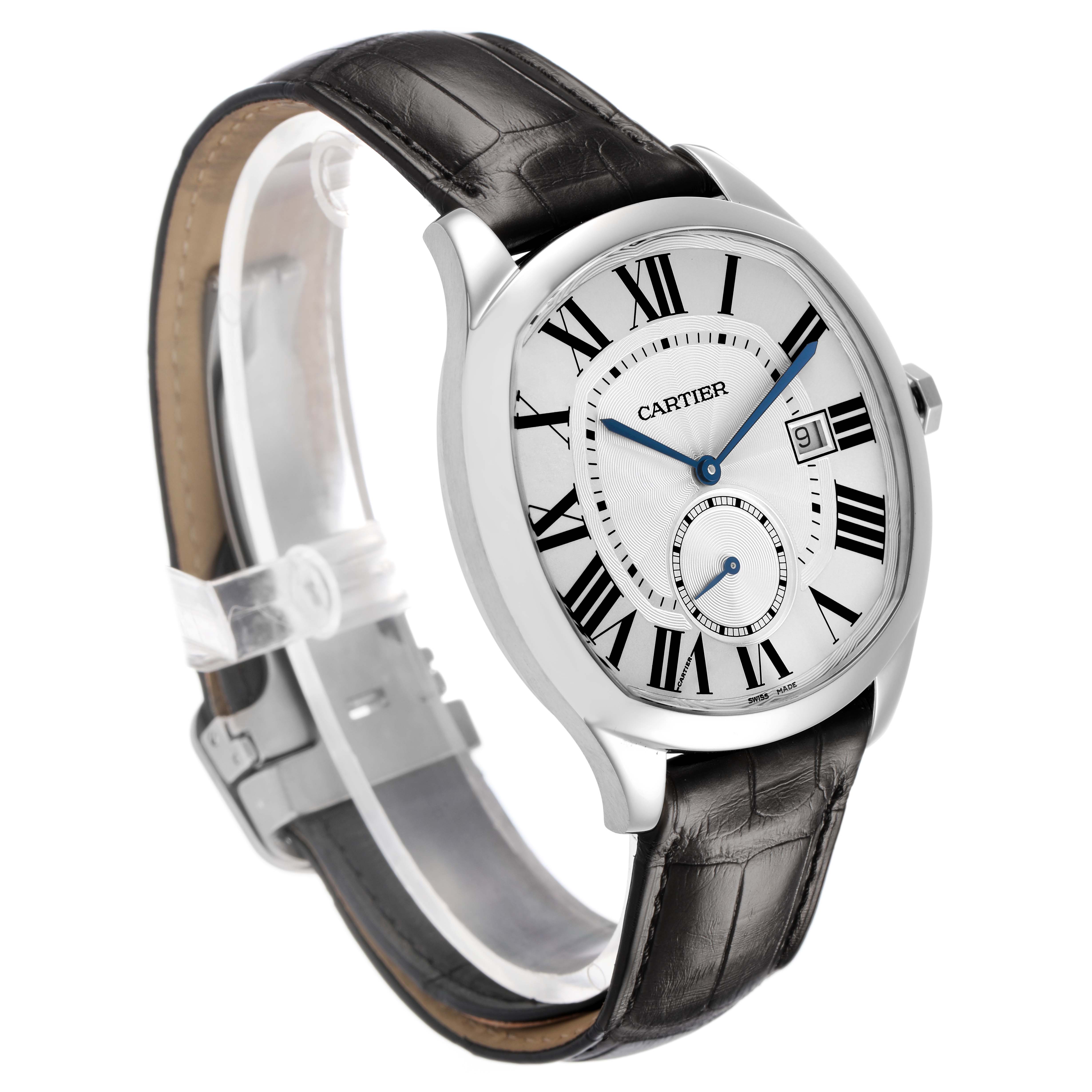 The Drive de Cartier watch is shown at a three-quarter angle, highlighting the face, case, and leather strap.