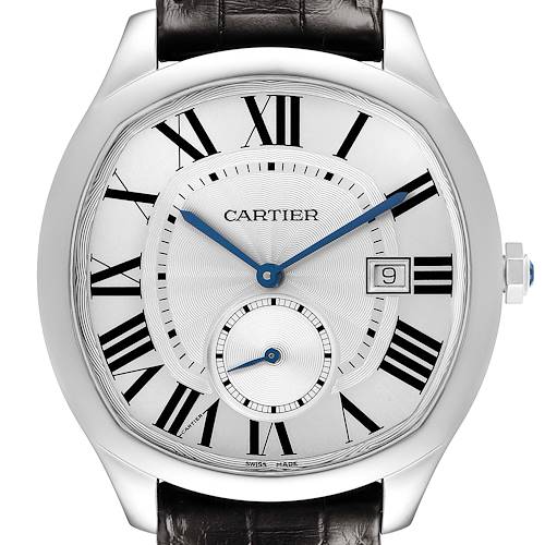 The Drive de Cartier watch is shown from a frontal angle, highlighting its face, Roman numerals, and date window.
