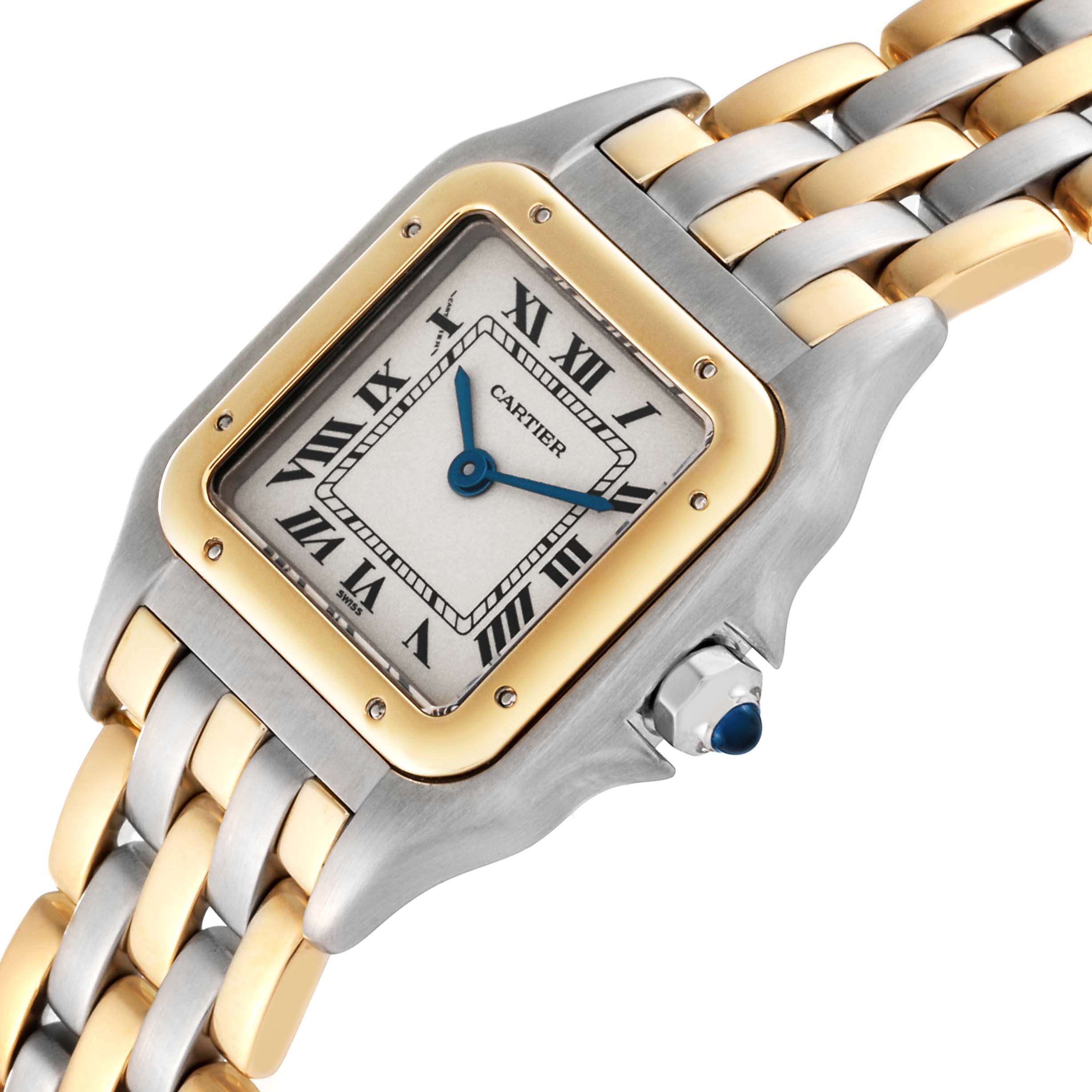 This side-angle view shows the face, bezel, and part of the band of the Cartier Panthère watch.