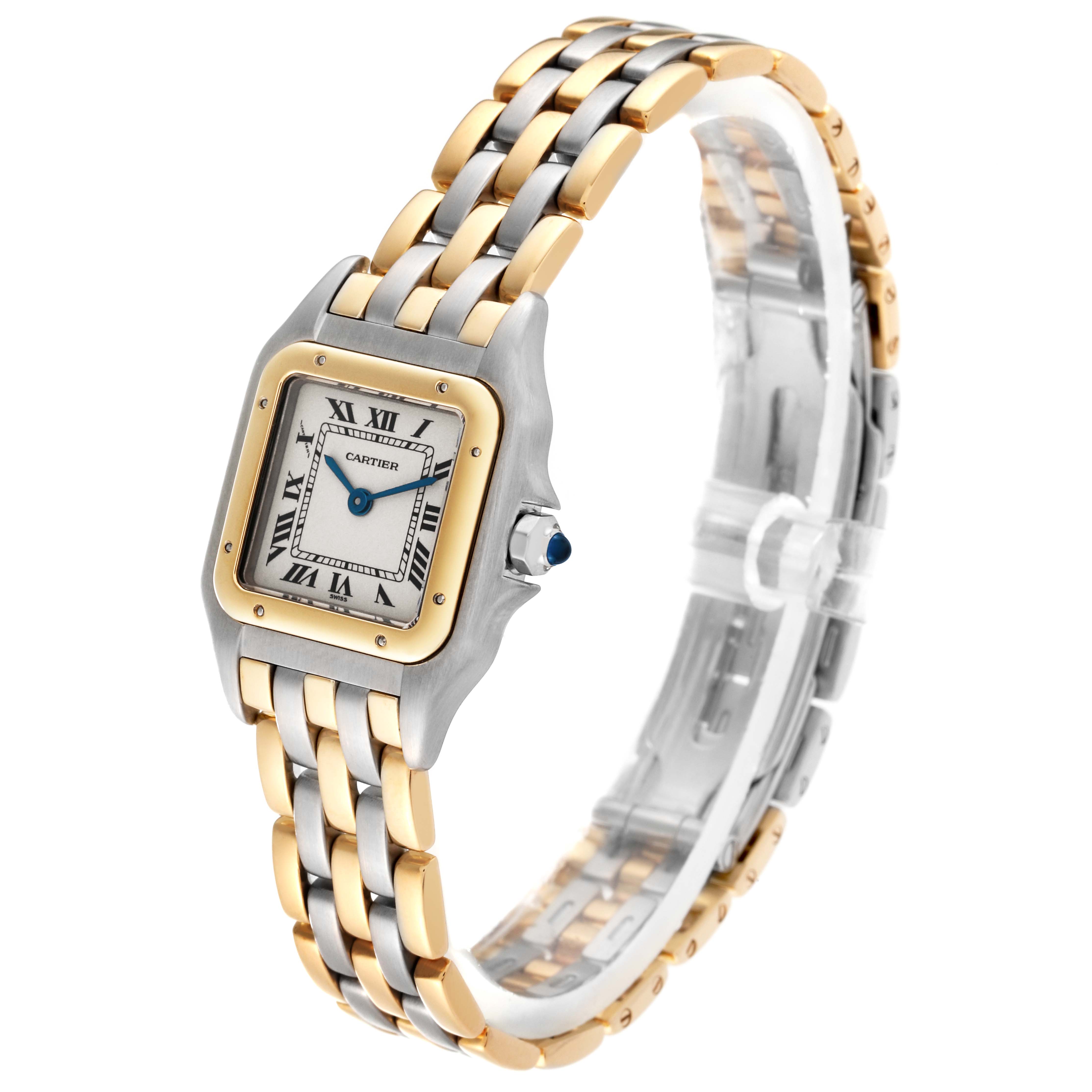 The image shows a Cartier Panthere 166921 Women's Steel and Gold (two tone) Silver Dial 166921 Women's Steel and Gold (two tone) Silver Dial watch at a three-quarter angle, highlighting the face, bezel, crown, and two-tone bracelet.