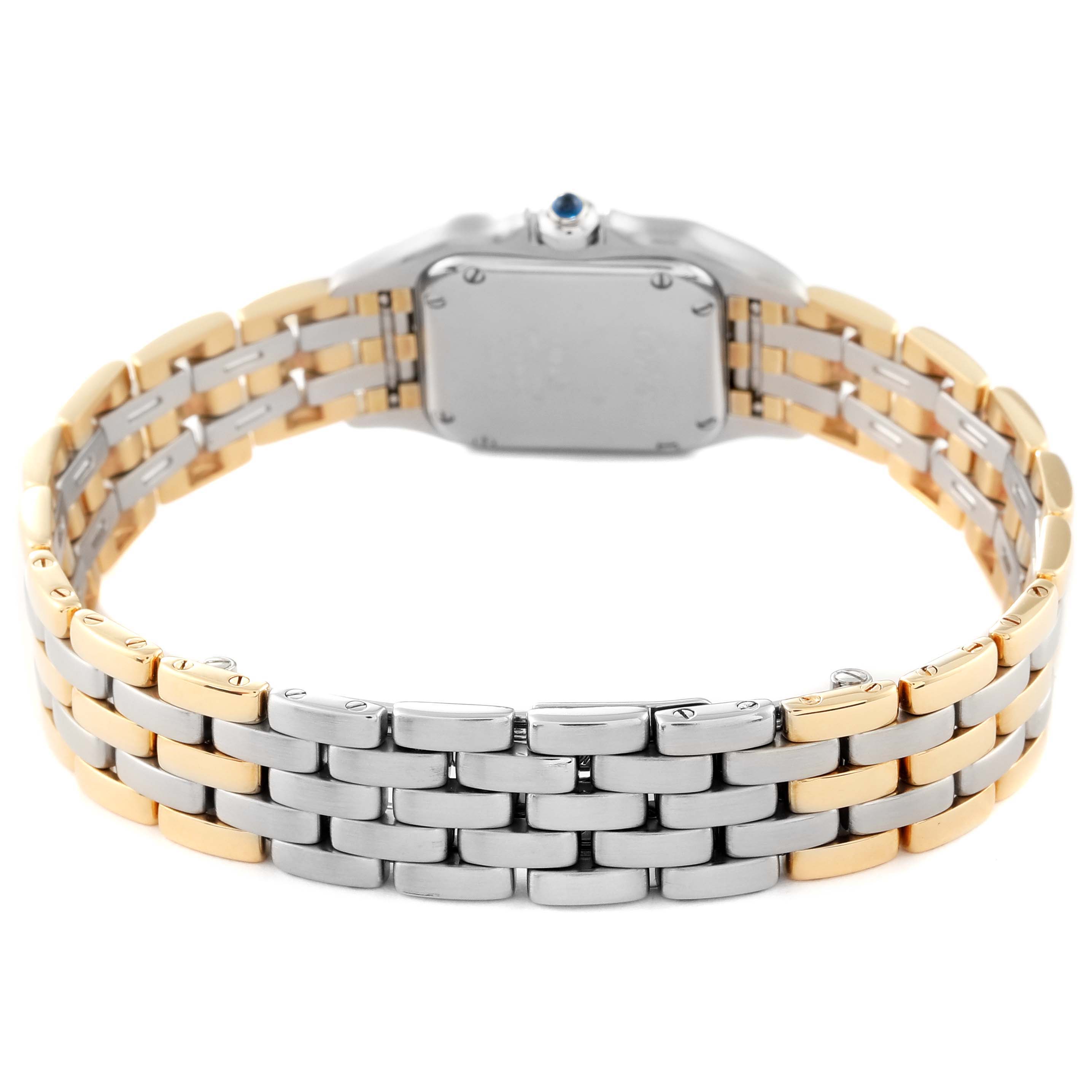 This image shows the bracelet and back case of a Cartier Panthere 166921 Women's Steel and Gold (two tone) Silver Dial 166921 Women's Steel and Gold (two tone) Silver Dial watch at an angle focusing on the links.