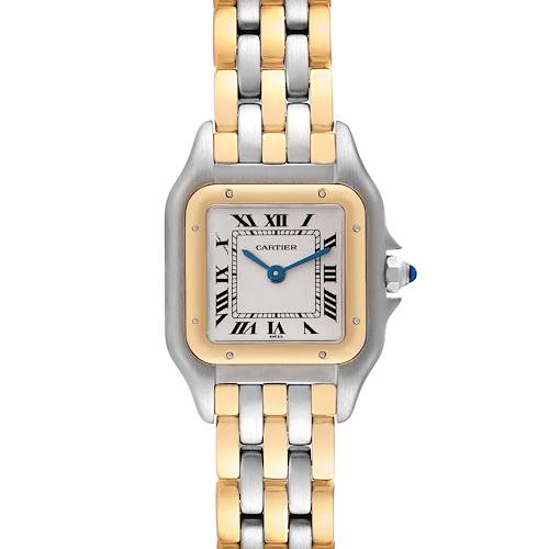 The image shows a Panthere model by Cartier, showcasing its square face, Roman numeral dial, and two-tone metal bracelet from a front view.