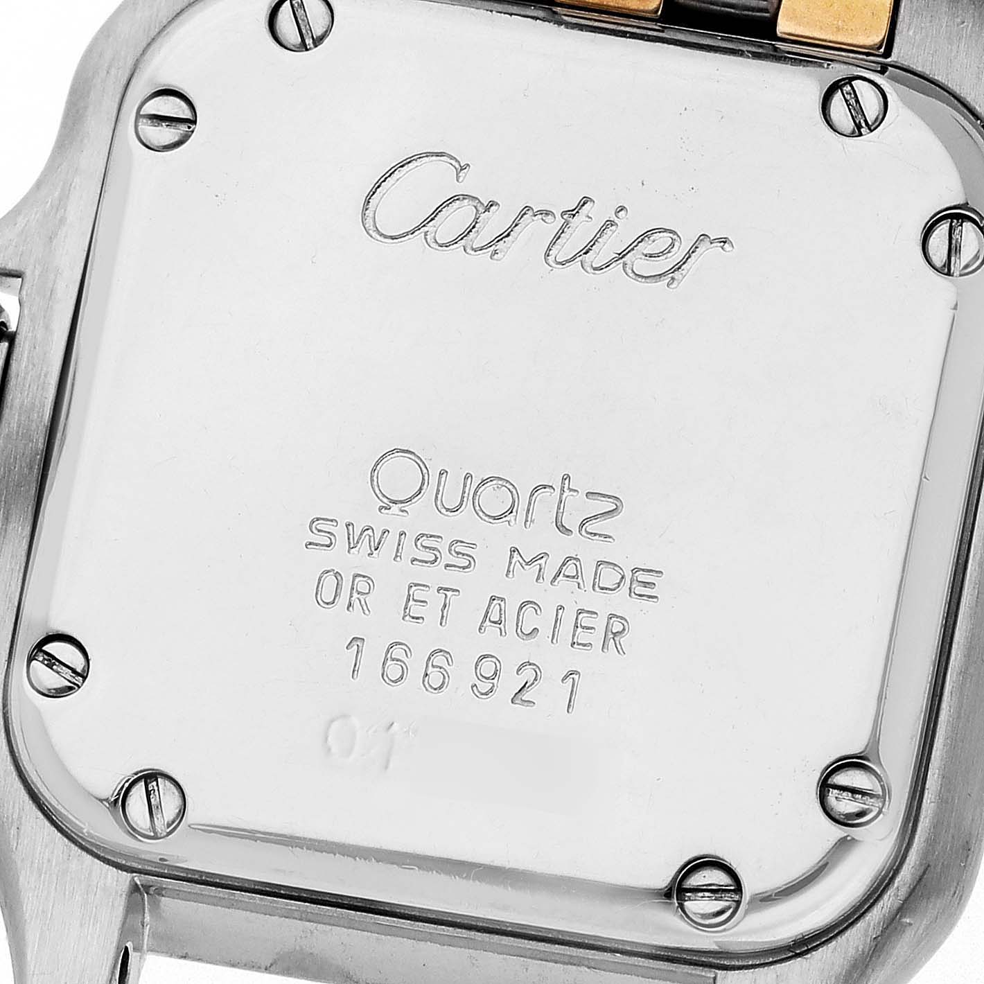 The image shows the case back of a Cartier Panthere 166921 Women's Steel and Gold (two tone) Silver Dial 166921 Women's Steel and Gold (two tone) Silver Dial watch, highlighting its branding and specifications.