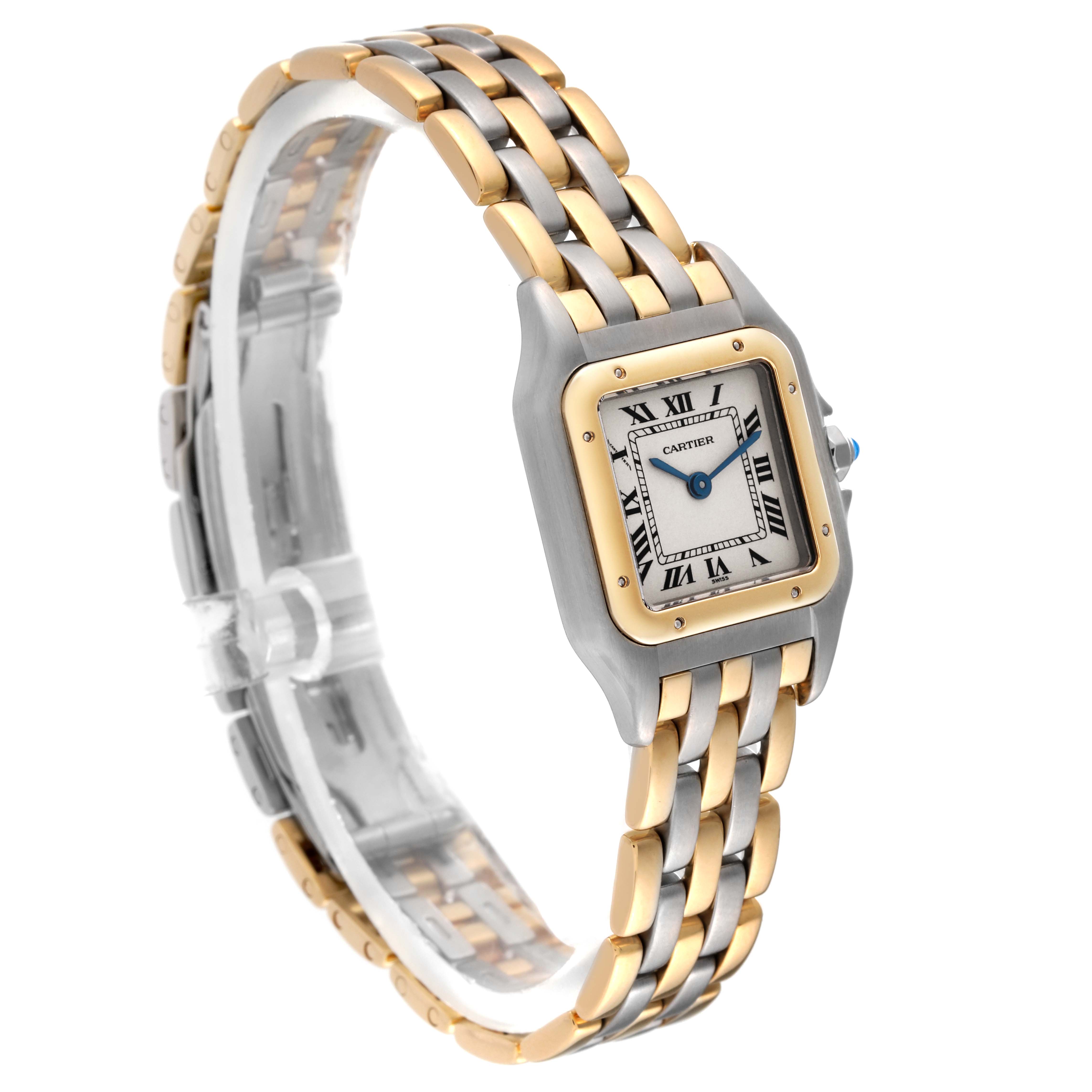 This Cartier Panthere 166921 Women's Steel and Gold (two tone) Silver Dial 166921 Women's Steel and Gold (two tone) Silver Dial model watch is shown at an angled front view, showcasing its face and two-tone bracelet.
