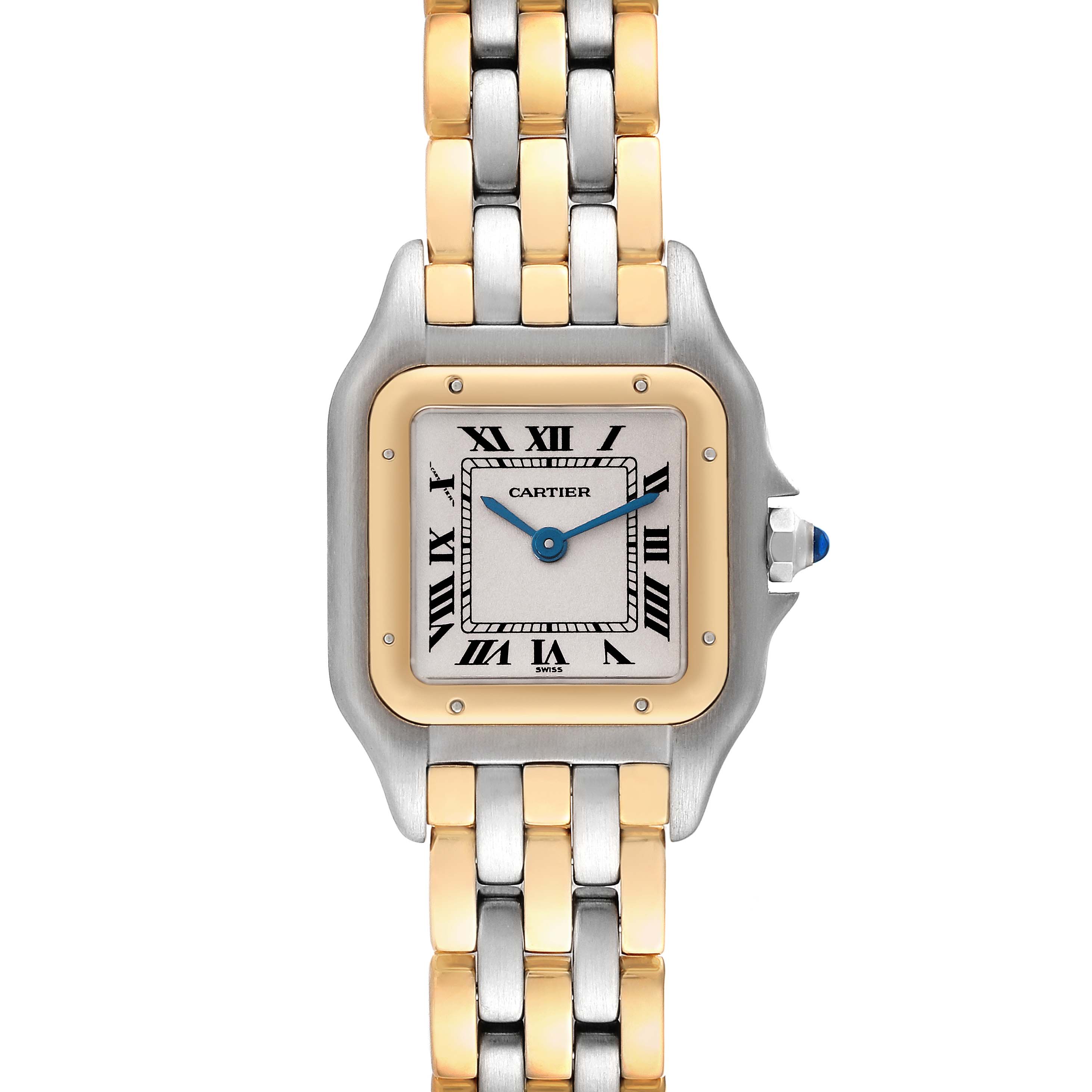 This image shows a front view of the Cartier Panthere 166921 Women's Steel and Gold (two tone) Silver Dial 166921 Women's Steel and Gold (two tone) Silver Dial model watch, highlighting its face, bezel, and two-tone bracelet.