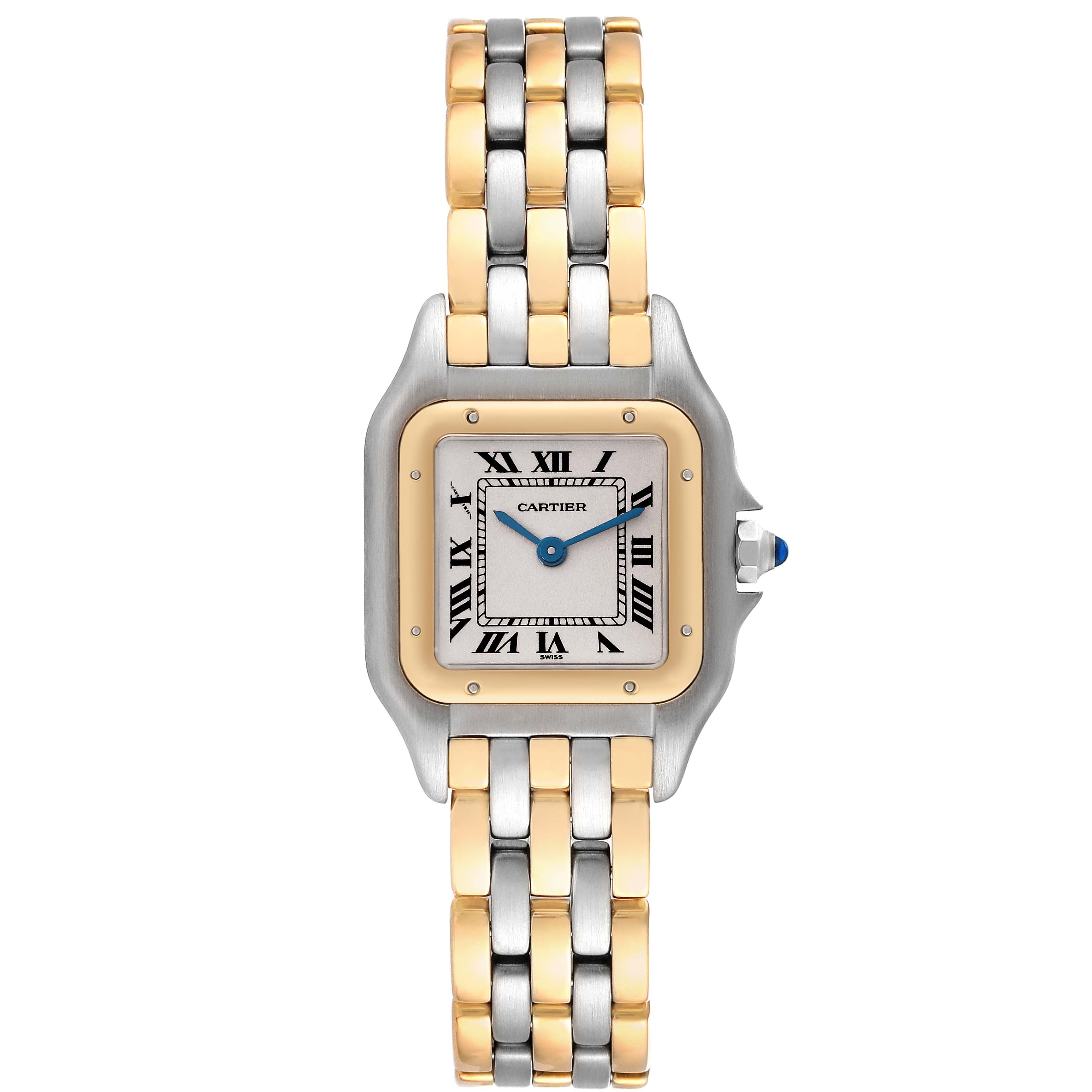 The image shows a Cartier Panthère watch from a top-down angle, displaying the face, bezel, and two-tone bracelet.