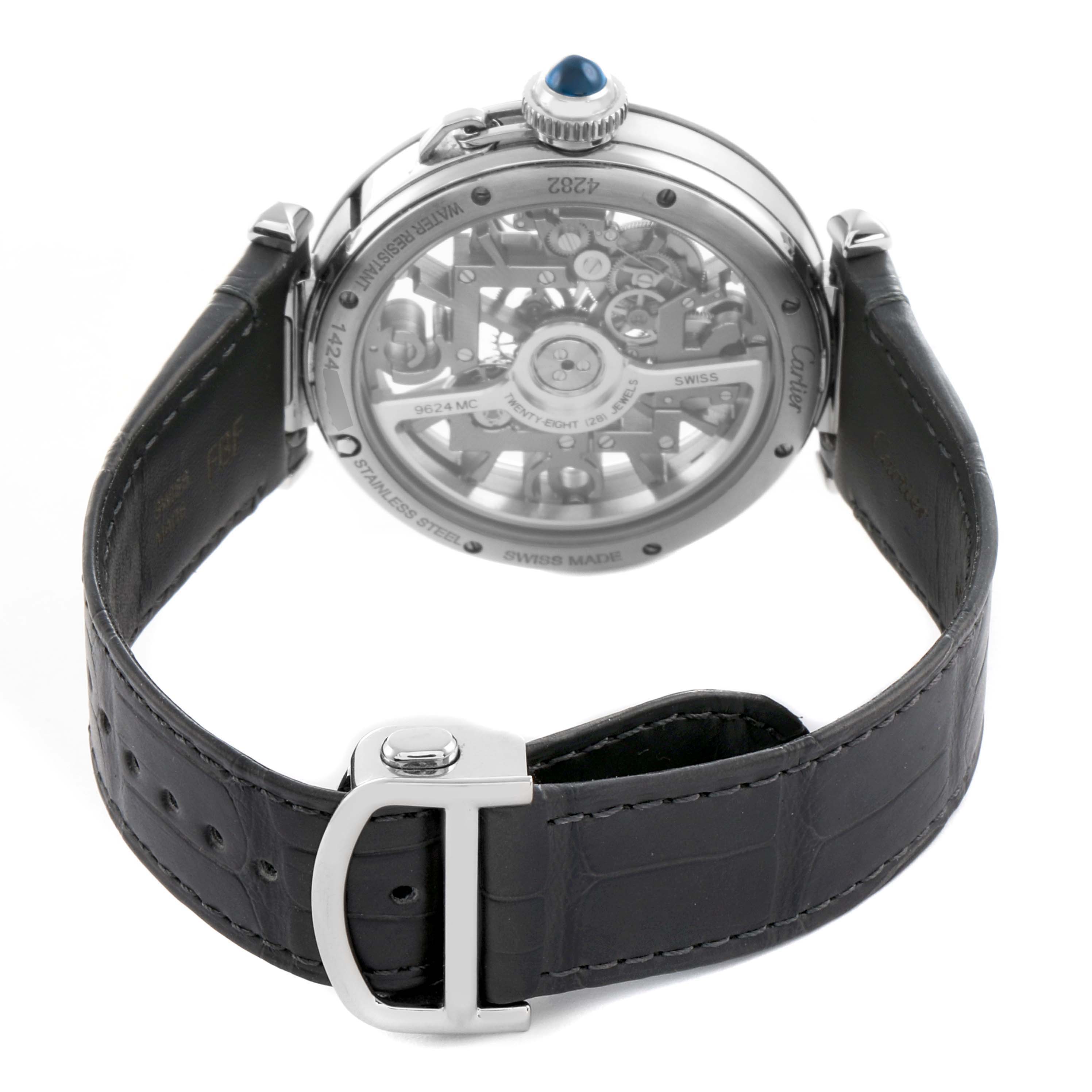 The image shows the back of the Cartier Pasha WHPA0017 Men's Stainless Steel Transparent Dial watch, highlighting the movement and black leather strap.