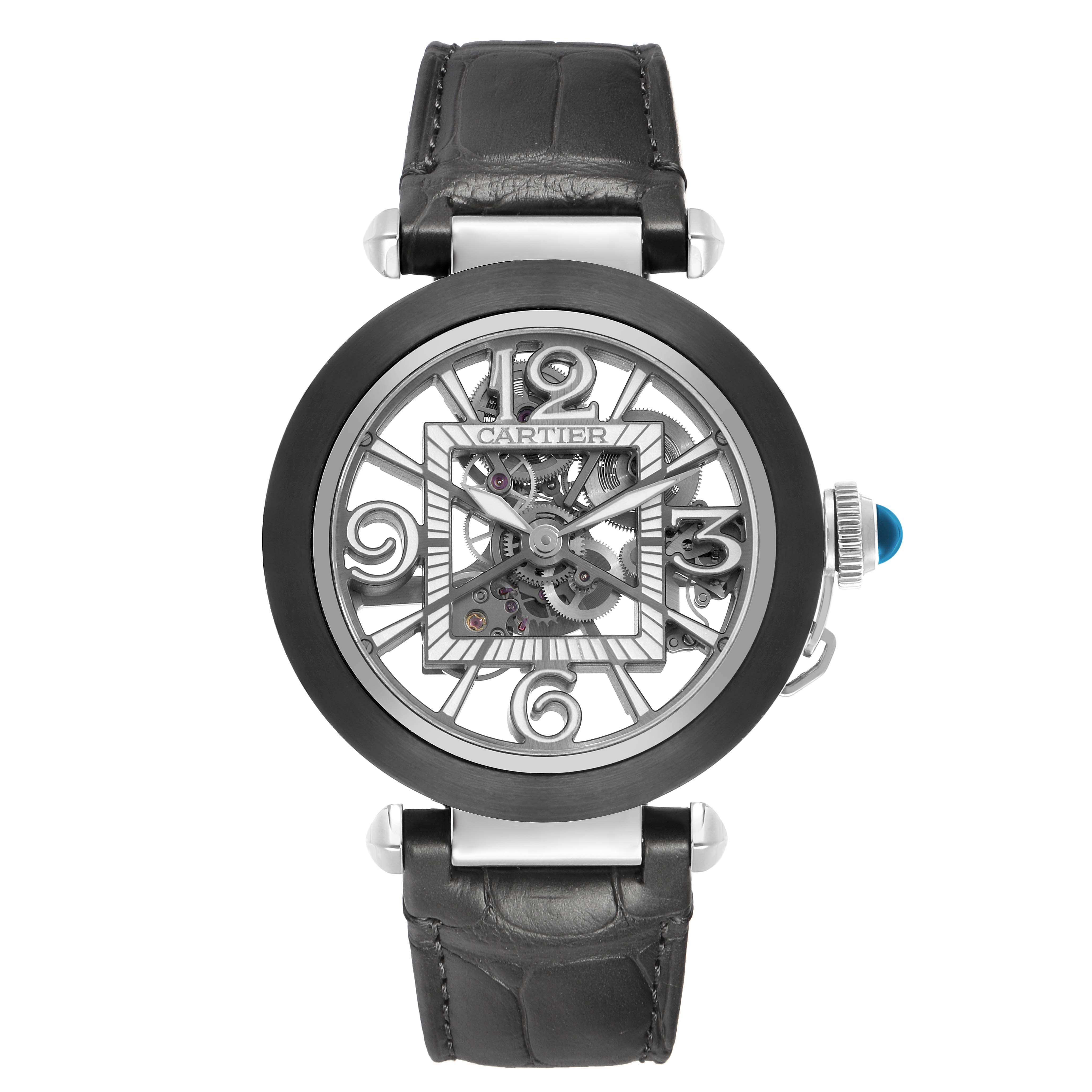 The Cartier Pasha WHPA0017 Men's Stainless Steel Transparent Dial watch is shown from the front, highlighting its skeleton dial and black leather strap.